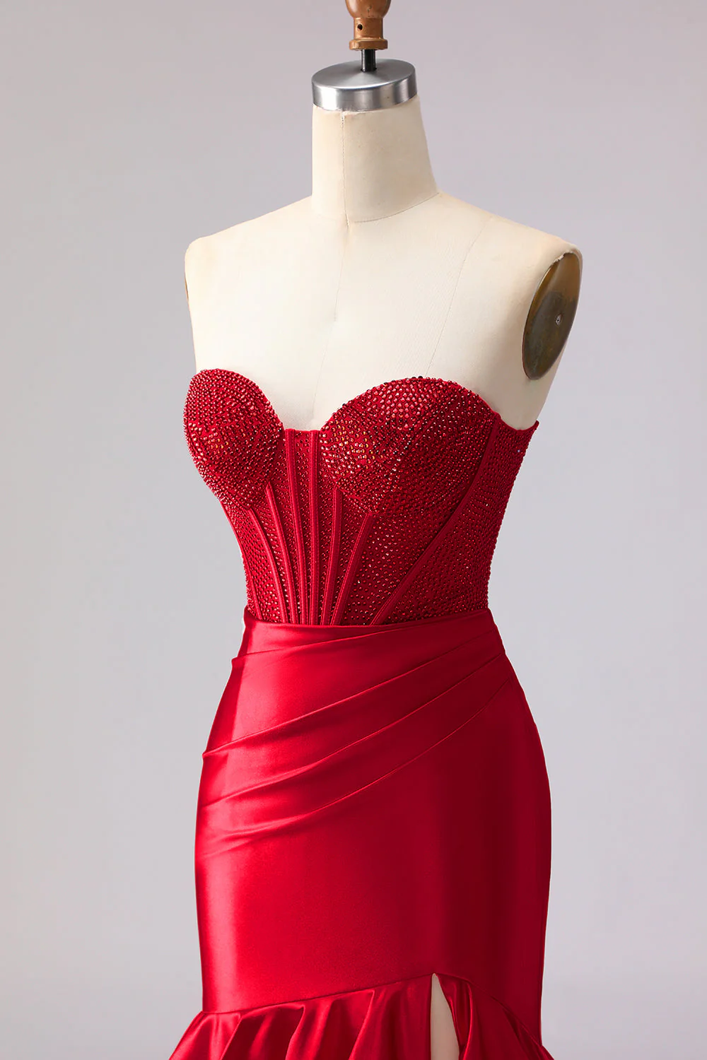 Red Mermaid Sweetheart Beaded Corset Ruffled Long Prom Dress with Slit - Image 6