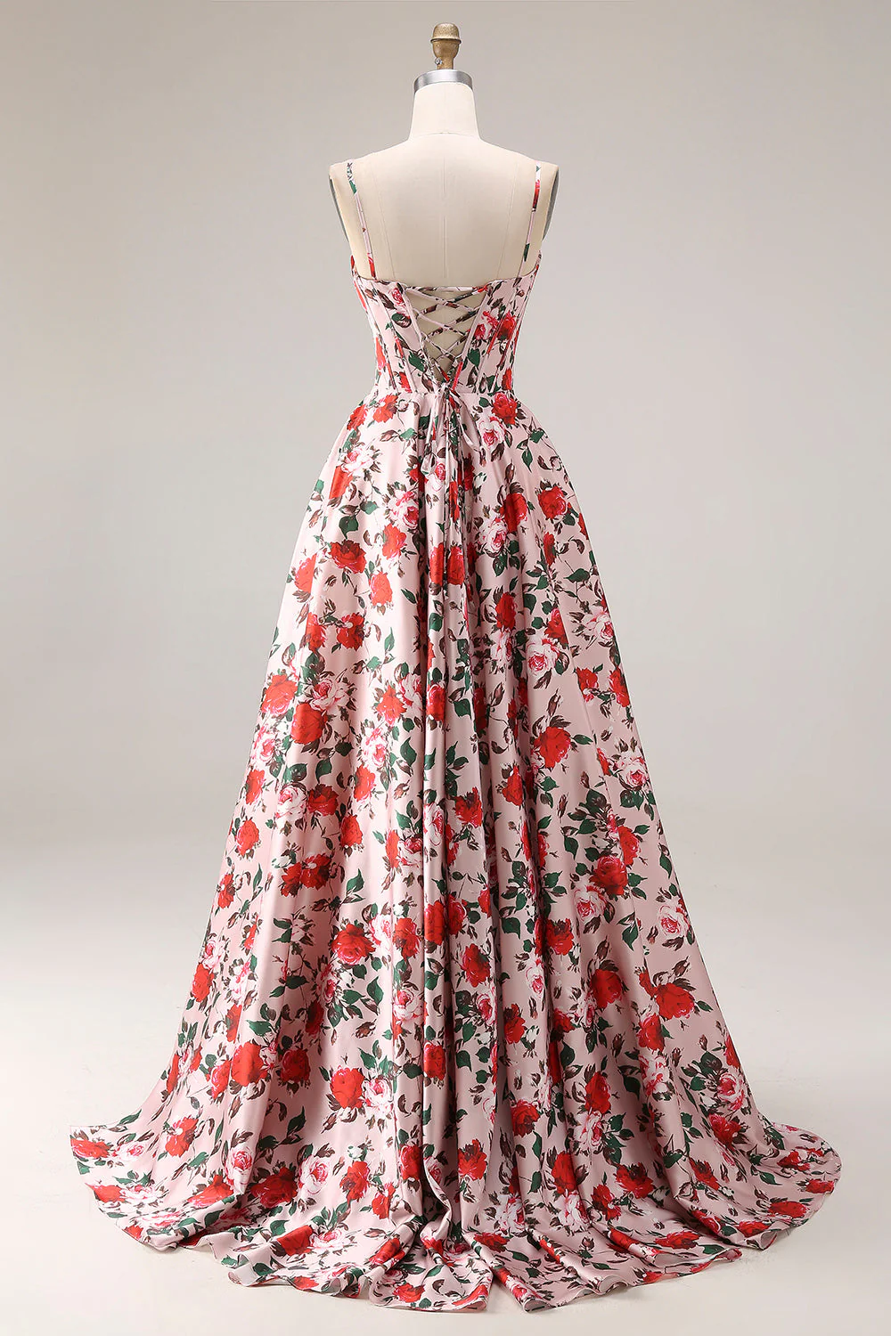 Red Pink Flower Basque Waist A-Line Spaghetti Straps Long Prom Dress with Slit - Image 2