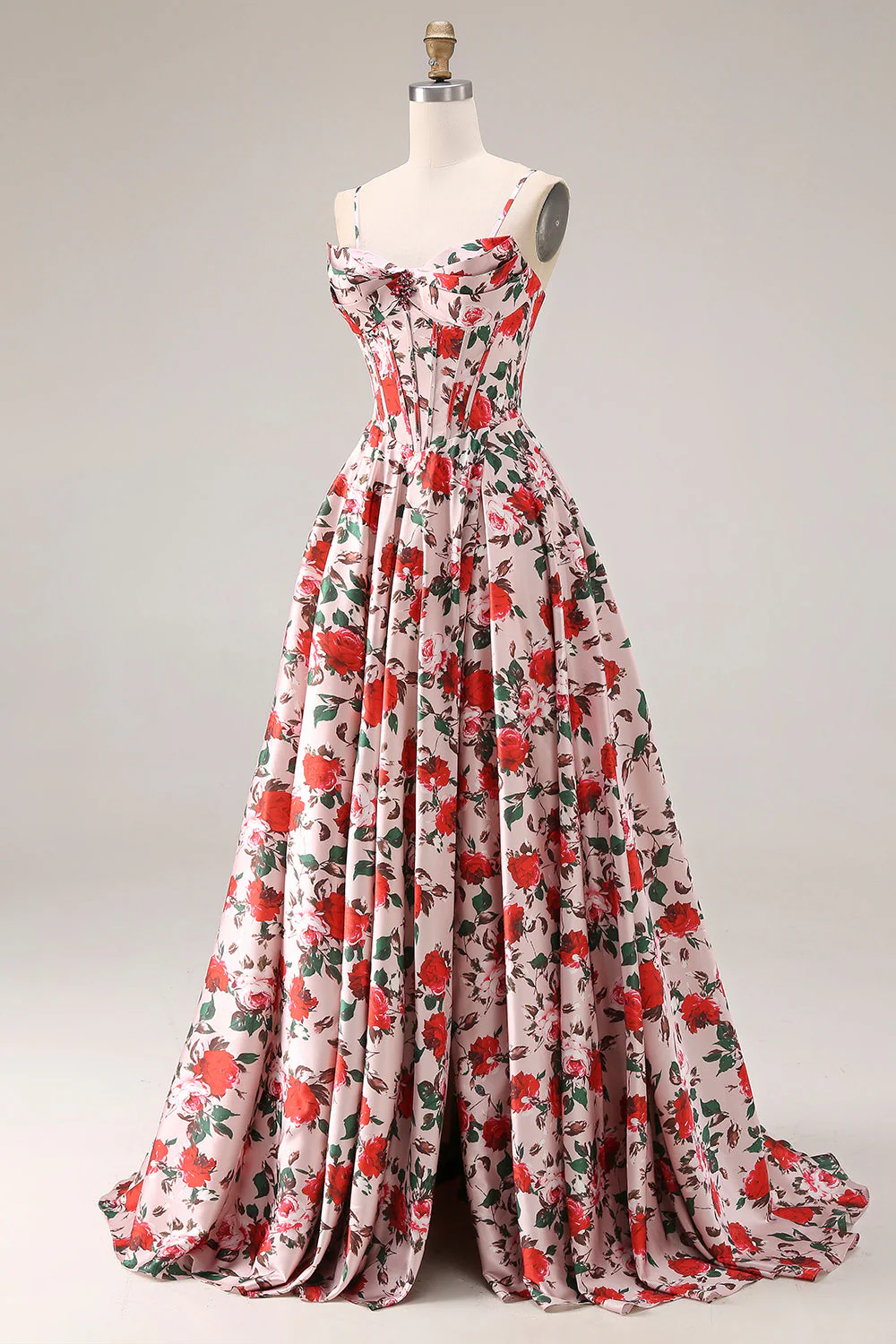 Red Pink Flower Basque Waist A-Line Spaghetti Straps Long Prom Dress with Slit - Image 3