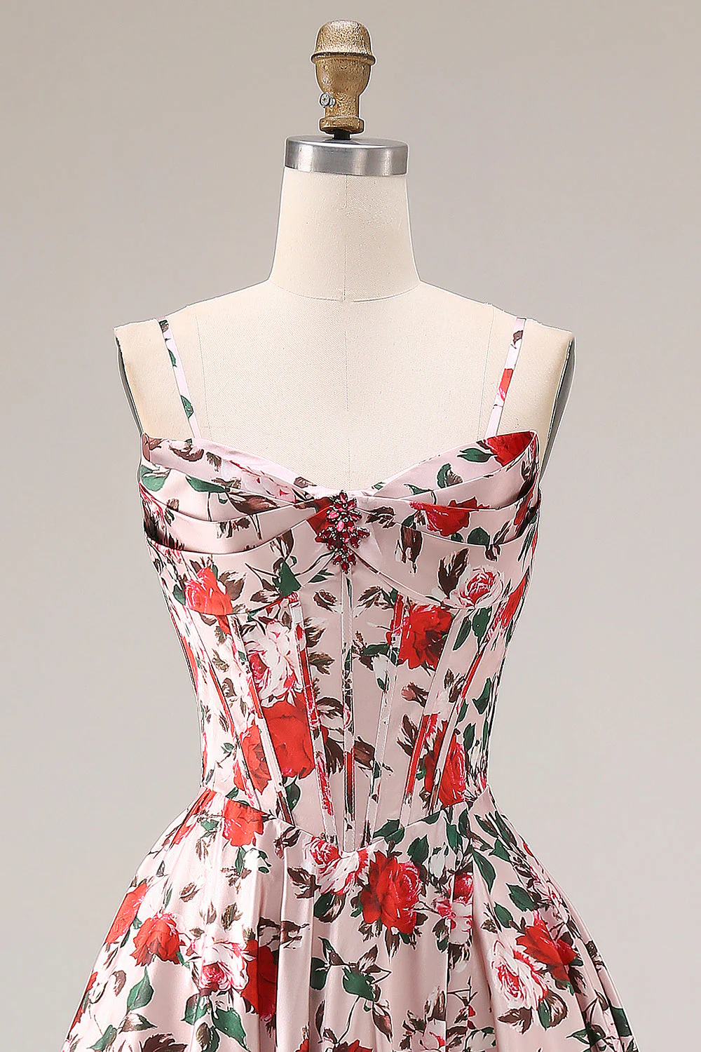 Red Pink Flower Basque Waist A-Line Spaghetti Straps Long Prom Dress with Slit - Image 4