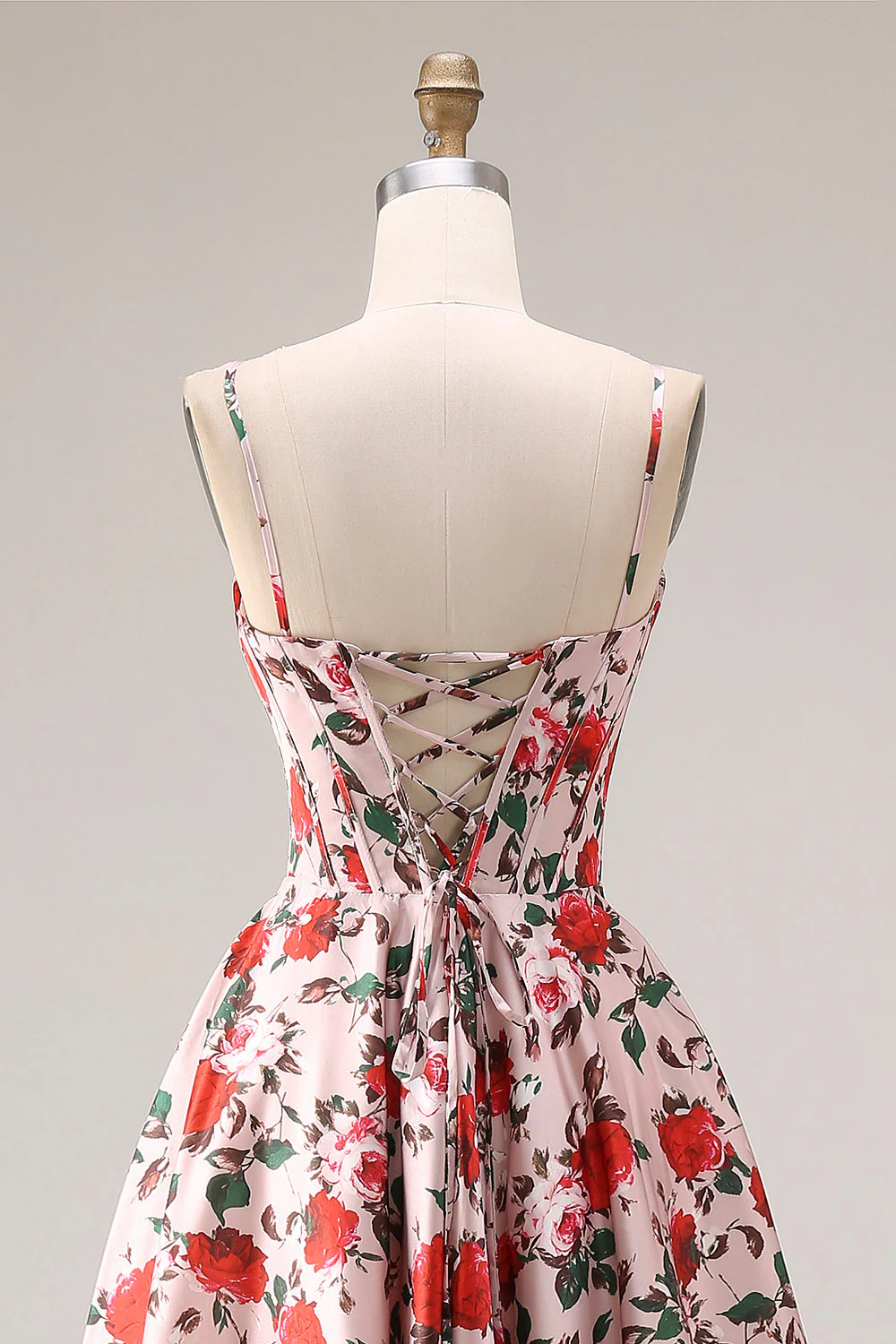 Red Pink Flower Basque Waist A-Line Spaghetti Straps Long Prom Dress with Slit - Image 5