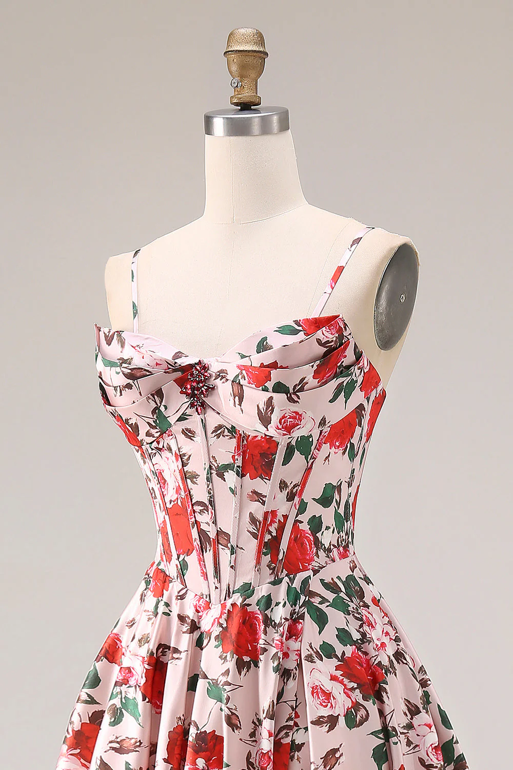 Red Pink Flower Basque Waist A-Line Spaghetti Straps Long Prom Dress with Slit - Image 6