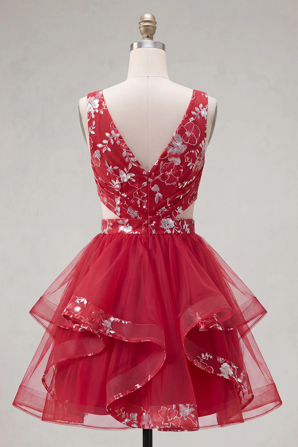 Red Cut Out A Line Sequin Short Cocktail Dress with Ruffles - Image 2