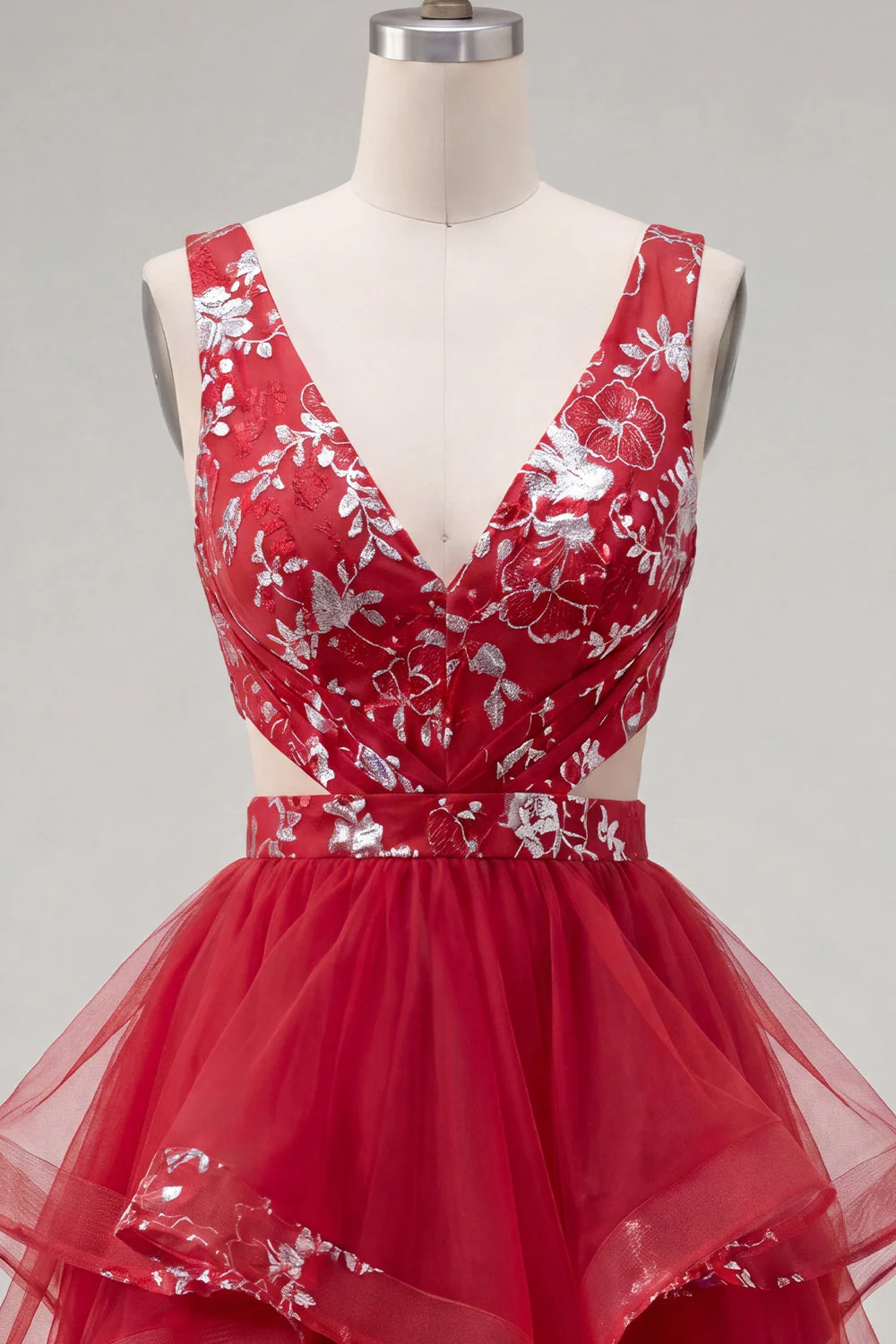 Red Cut Out A Line Sequin Short Cocktail Dress with Ruffles - Image 5