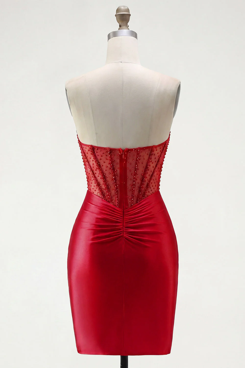 Red Strapless Beaded Bodycon Sheer Corset Cocktail Dress - Image 2