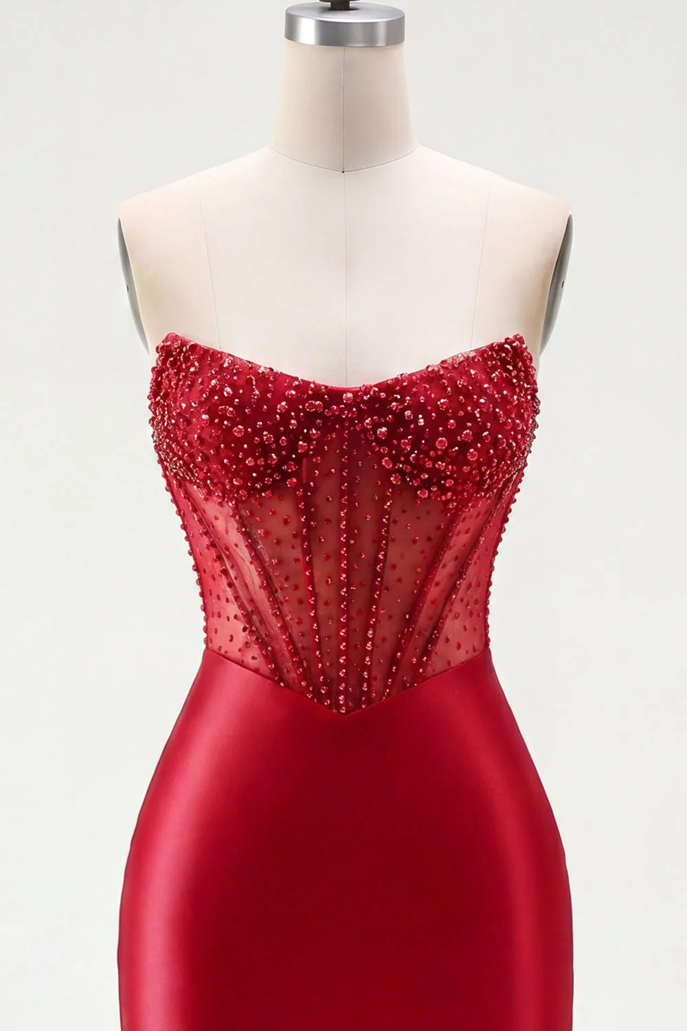 Red Strapless Beaded Bodycon Sheer Corset Cocktail Dress - Image 7