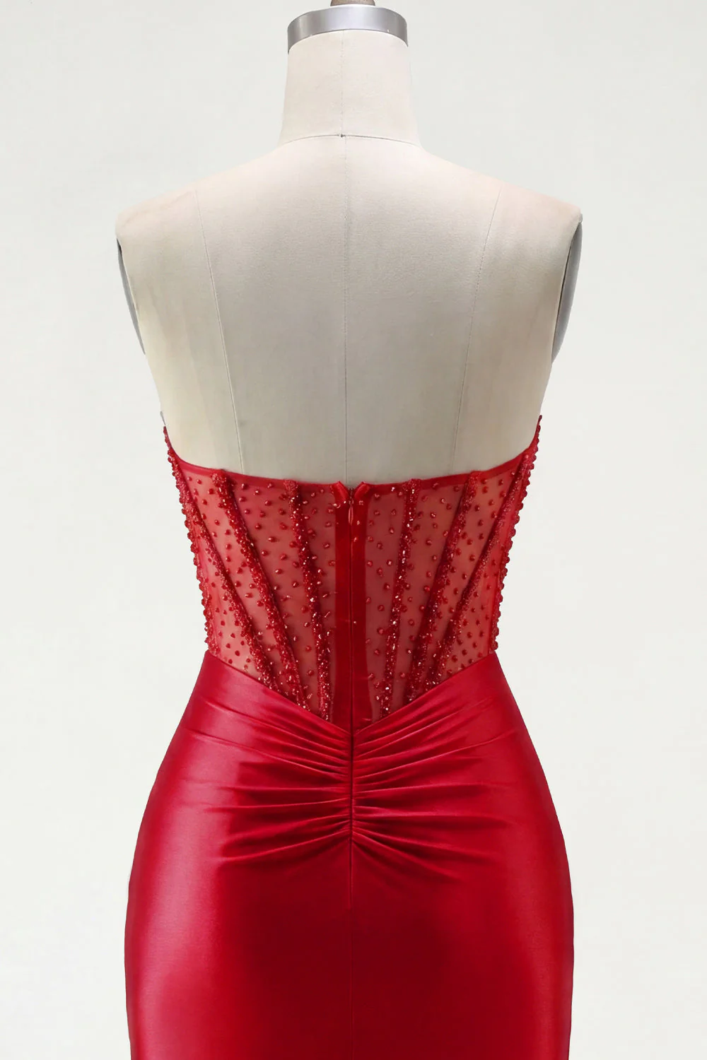 Red Strapless Beaded Bodycon Sheer Corset Cocktail Dress - Image 8
