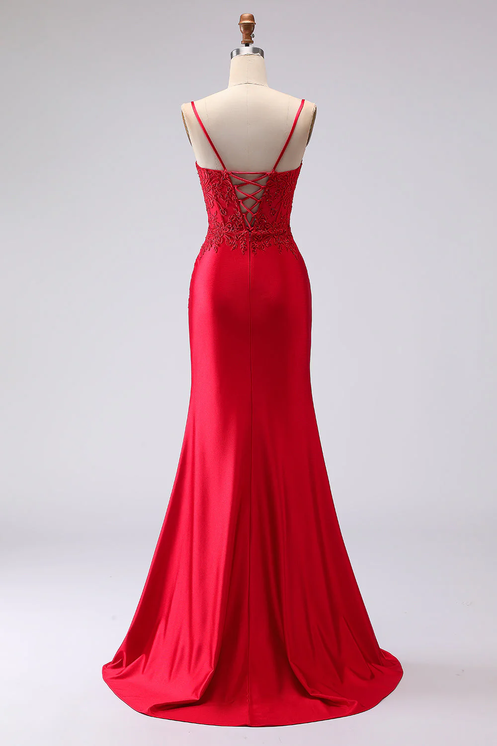 Red Satin Mermaid Embroidered Lace Up Back Long Prom Dress with Slit - Image 2