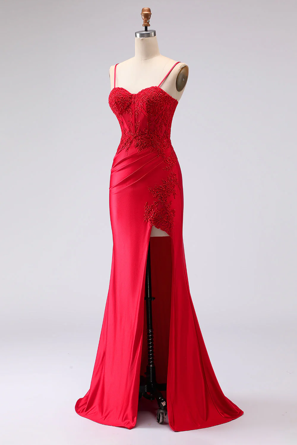 Red Satin Mermaid Embroidered Lace Up Back Long Prom Dress with Slit - Image 3