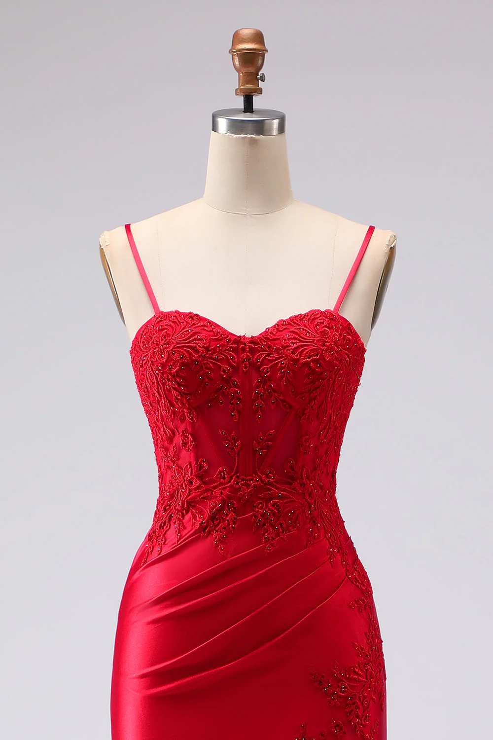 Red Satin Mermaid Embroidered Lace Up Back Long Prom Dress with Slit - Image 4
