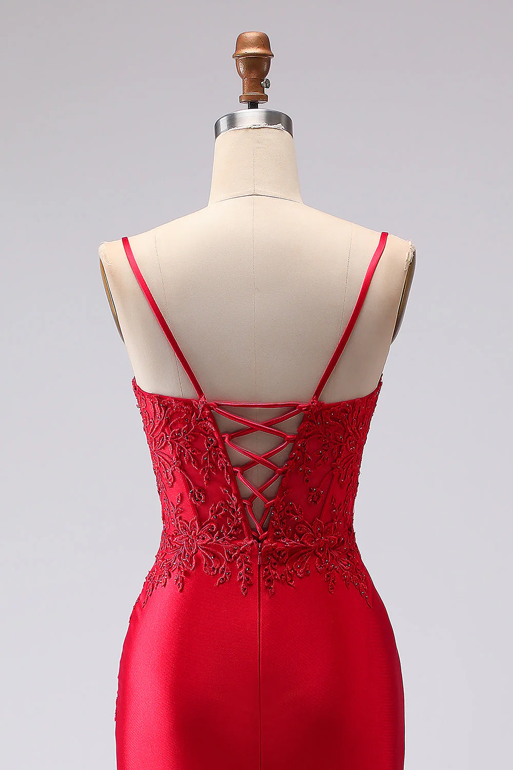 Red Satin Mermaid Embroidered Lace Up Back Long Prom Dress with Slit - Image 5