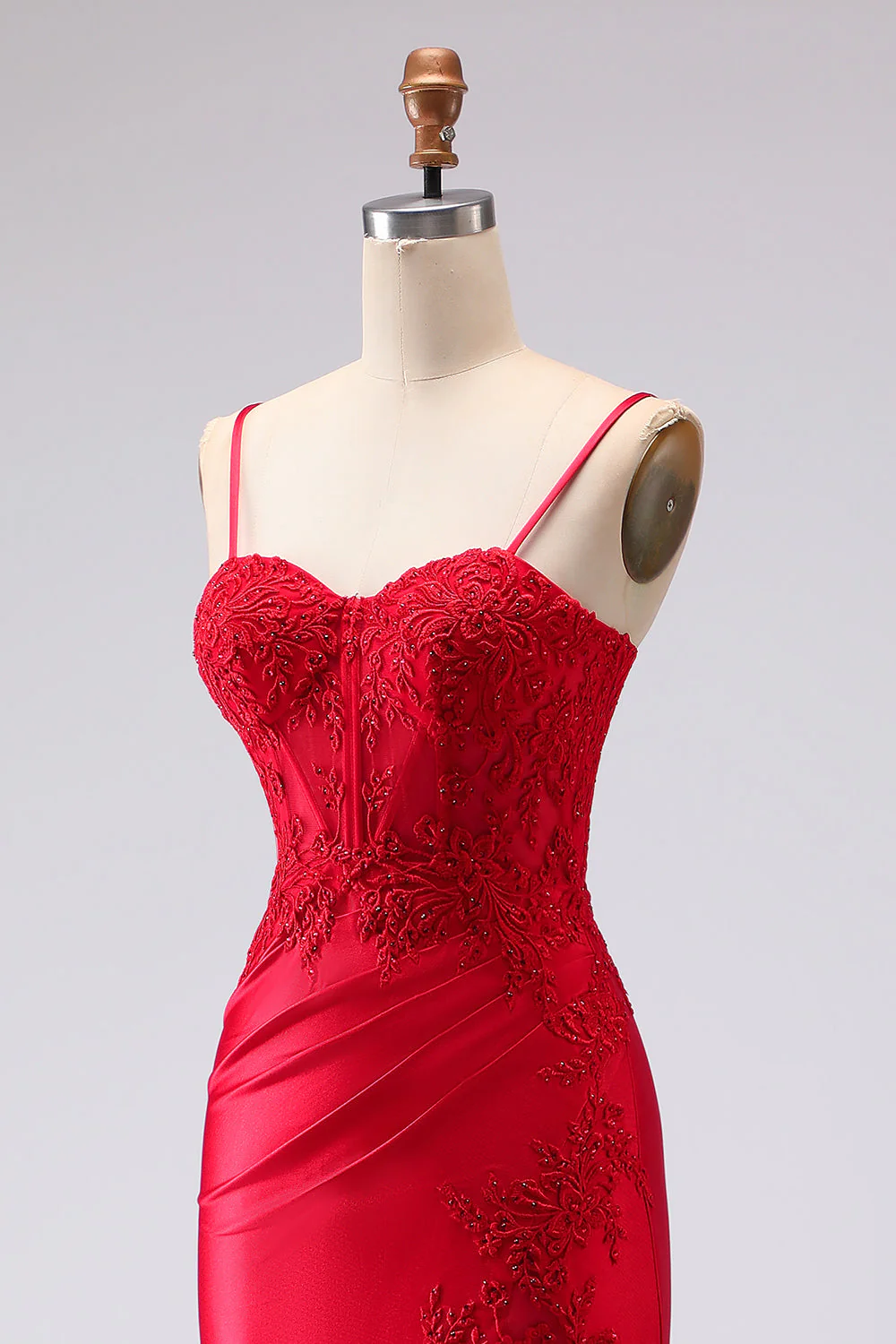 Red Satin Mermaid Embroidered Lace Up Back Long Prom Dress with Slit - Image 6