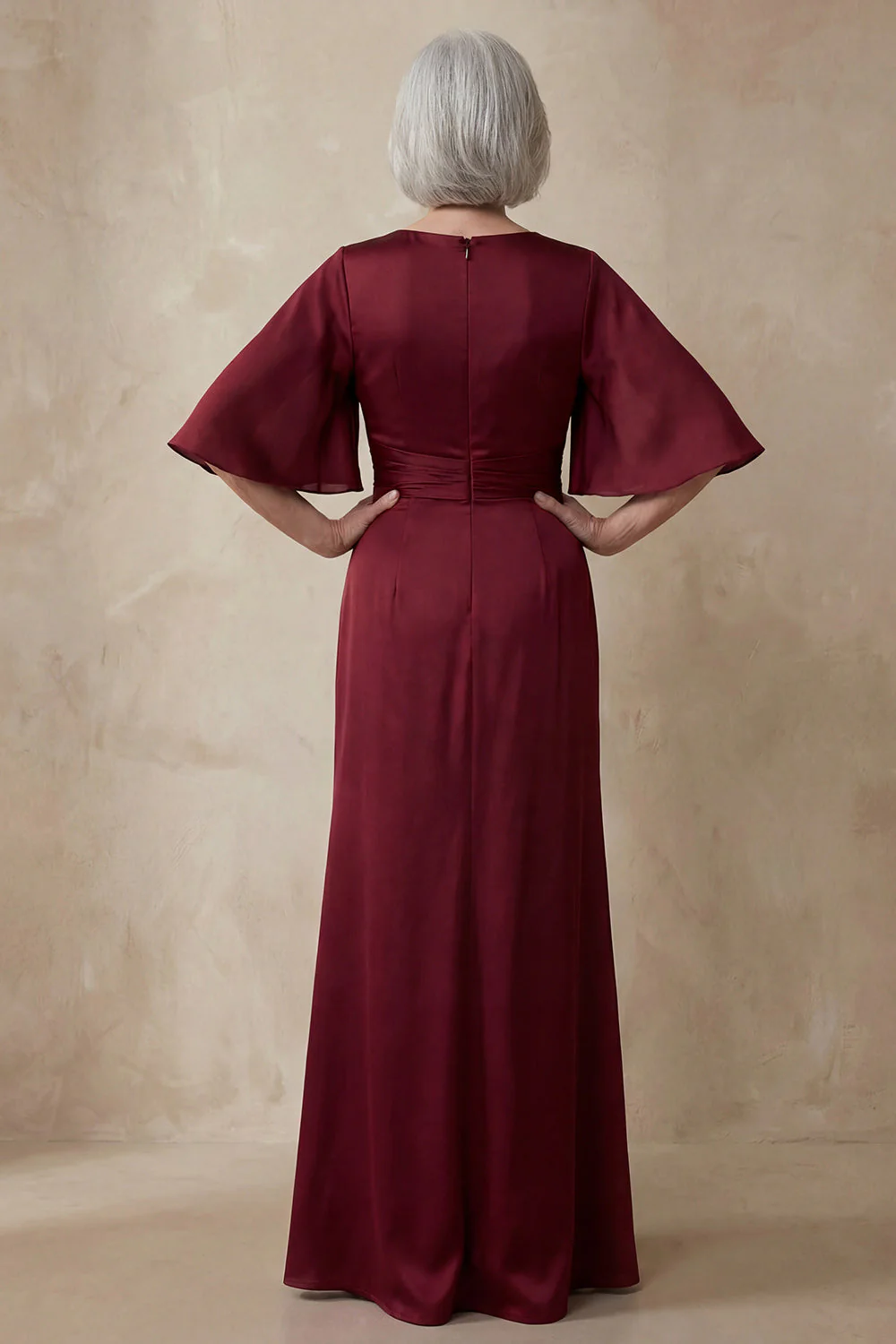 Red Satin Sheath Round Neck Mother of the Bride Dress with Half Sleeves - Image 2
