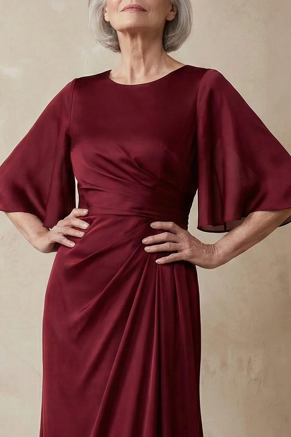 Red Satin Sheath Round Neck Mother of the Bride Dress with Half Sleeves - Image 3