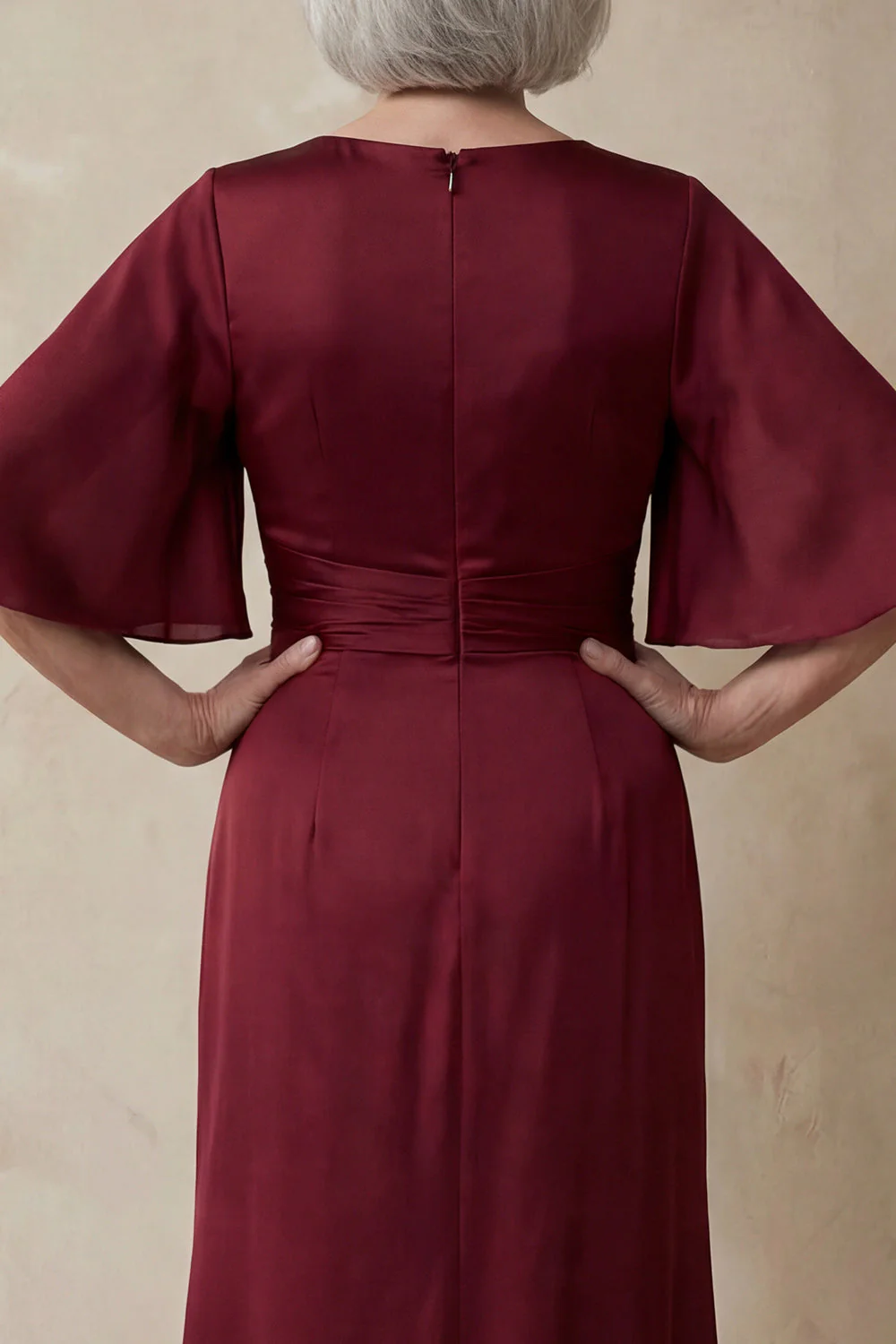 Red Satin Sheath Round Neck Mother of the Bride Dress with Half Sleeves - Image 4