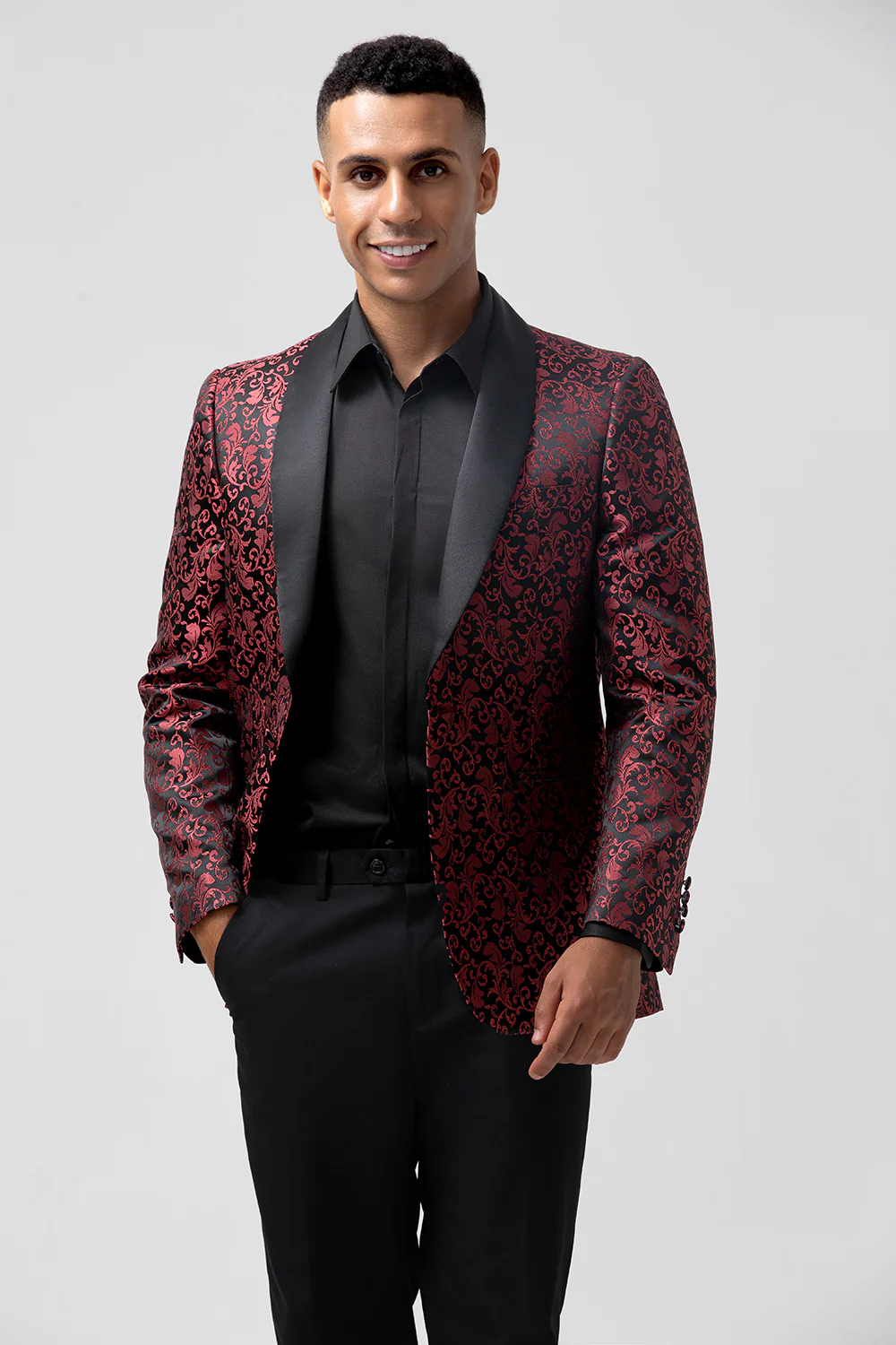 Red Shawl Lapel 2 Pieces Jacquard One Button Men's Suits - Image 3