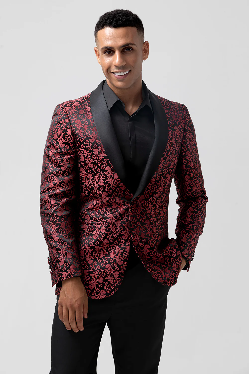 Red Shawl Lapel 2 Pieces Jacquard One Button Men's Suits - Image 5