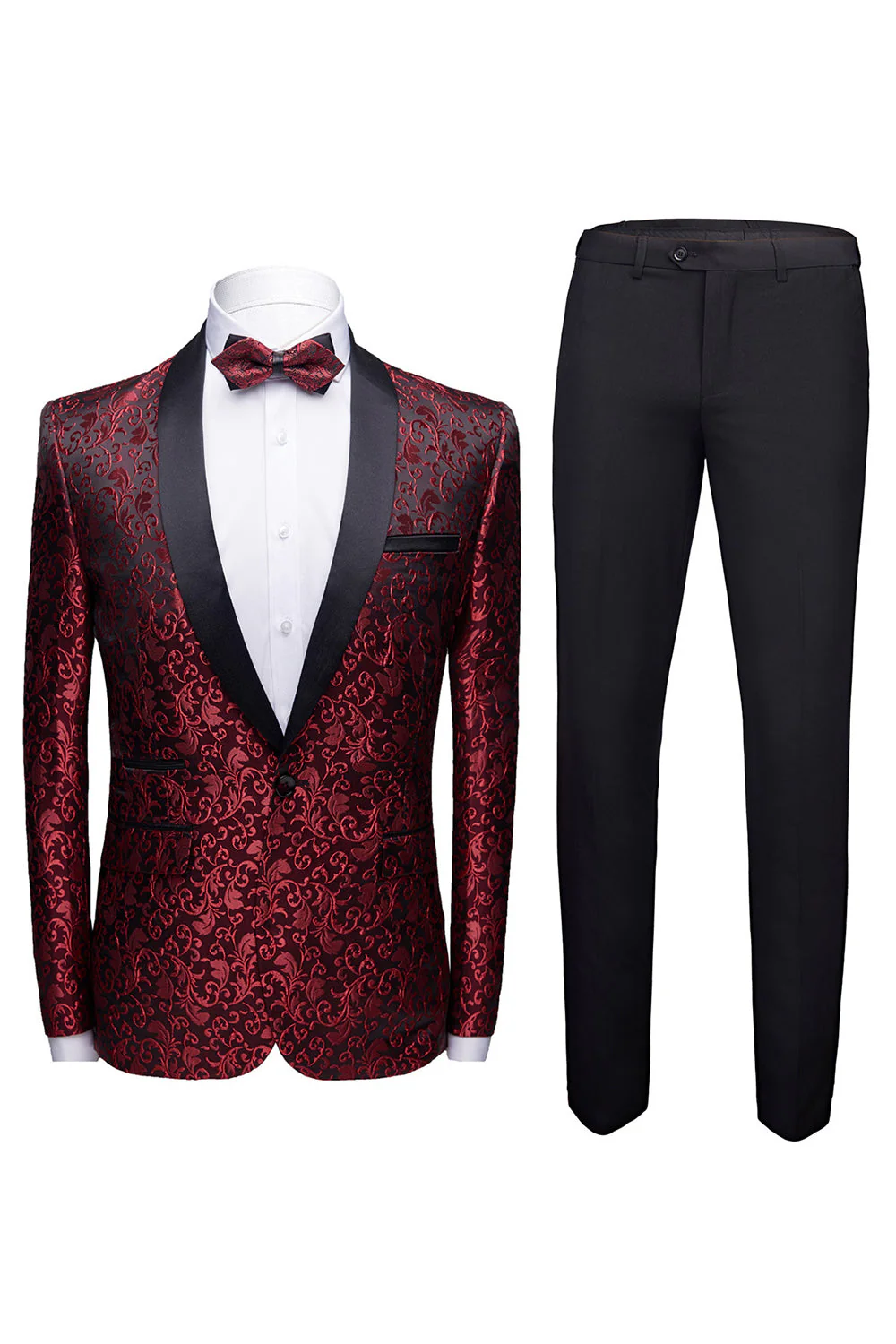 Red Shawl Lapel 2 Pieces Jacquard One Button Men's Suits - Image 7