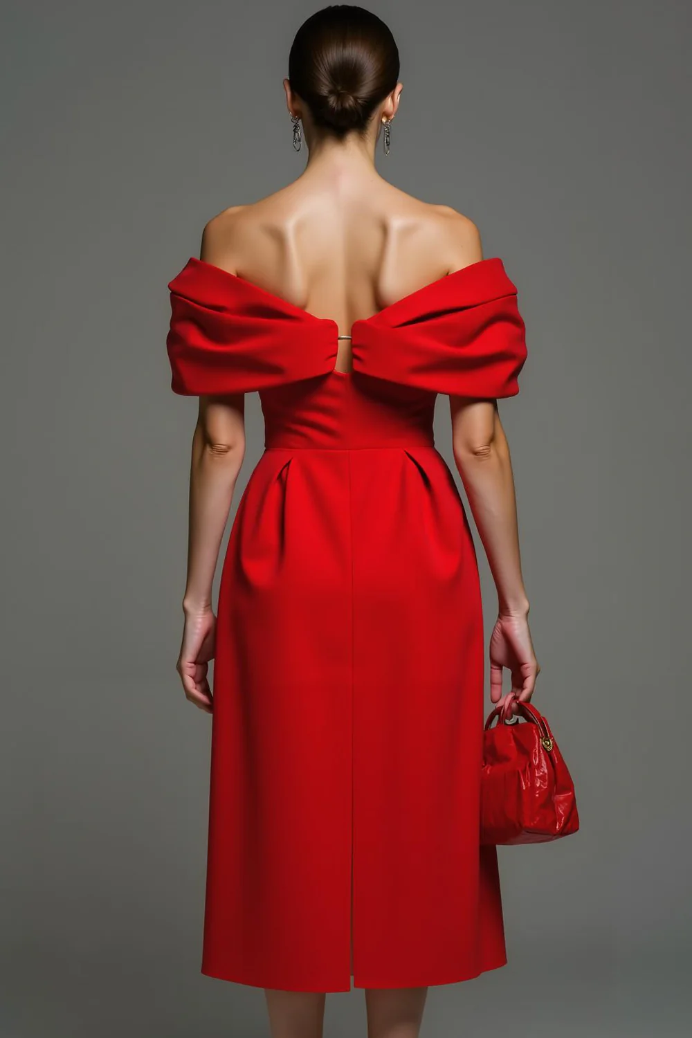 Red Sheath Off the Shoulder Midi Formal Dress - Image 2