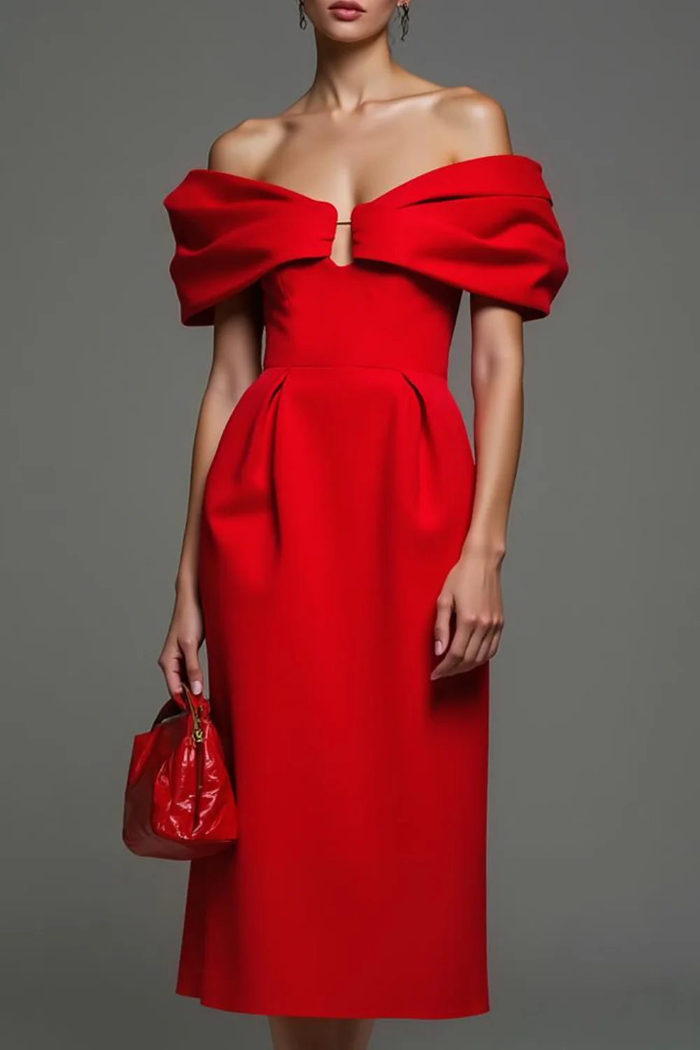 Red Sheath Off the Shoulder Midi Formal Dress - Image 3