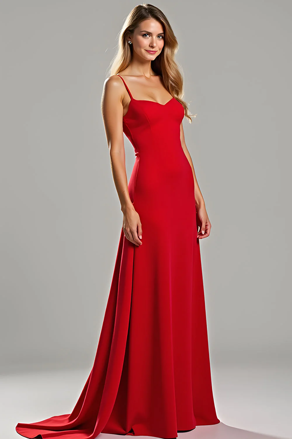 Red Sheath Satin Spaghetti Straps Long Bridesmaid Dress - Image 3