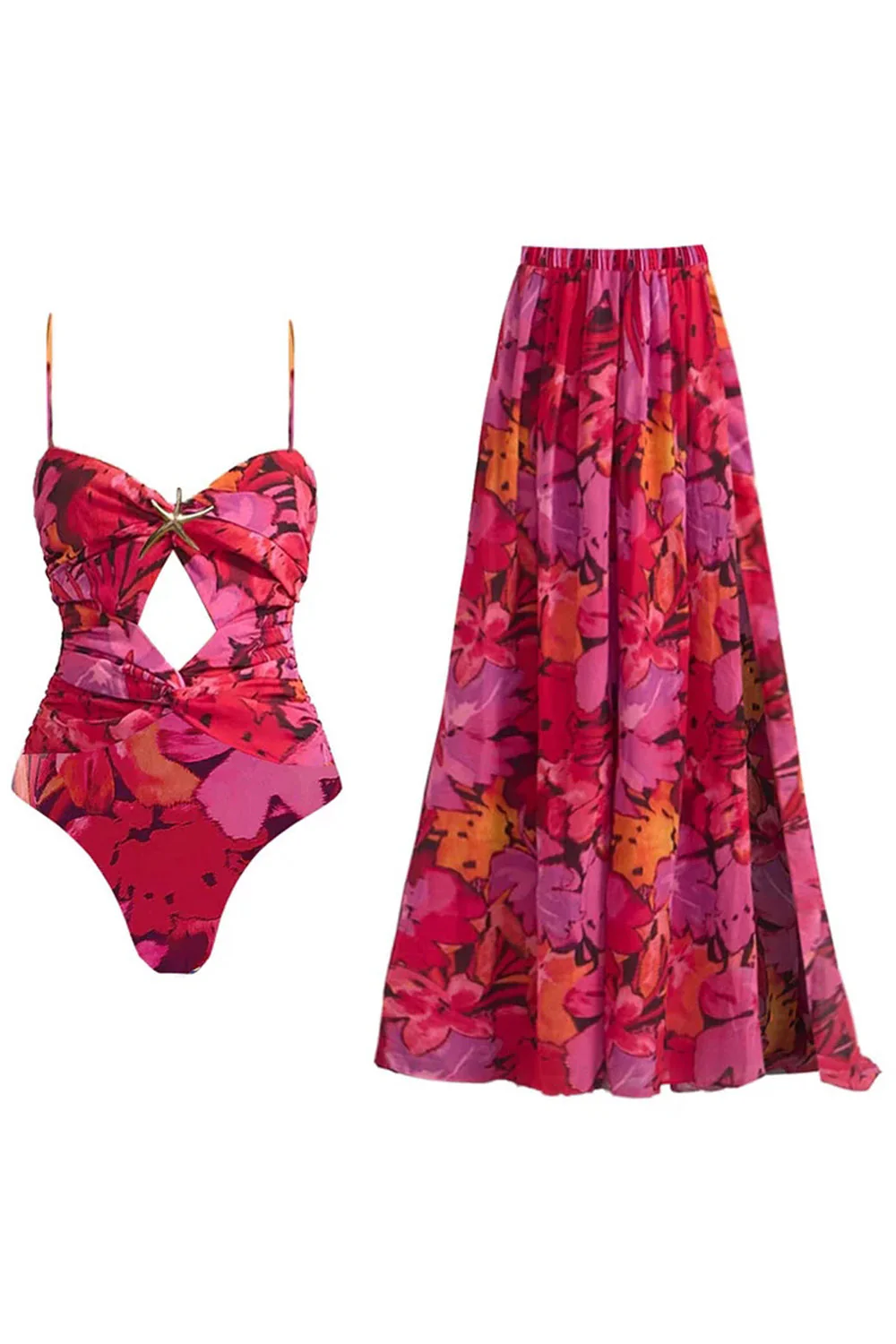 Red Spaghetti Straps 2 Piece Cut Out Swimsuit with Beach Dress - Image 7
