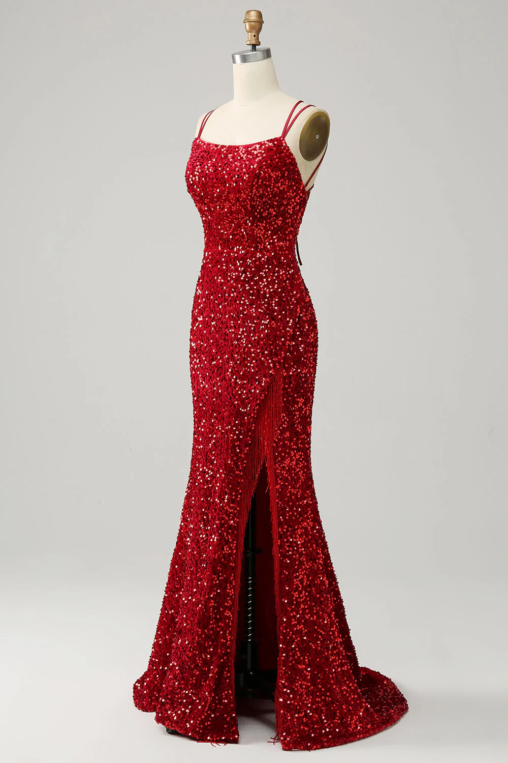 Red Sparkly Mermaid Backless Long Prom Dress with Fringes - Image 3