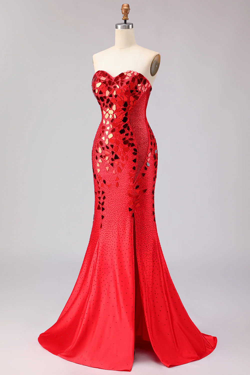 Red Strapless Mermaid Beaded Side Slit Long Prom Dress with Mirror - Image 3