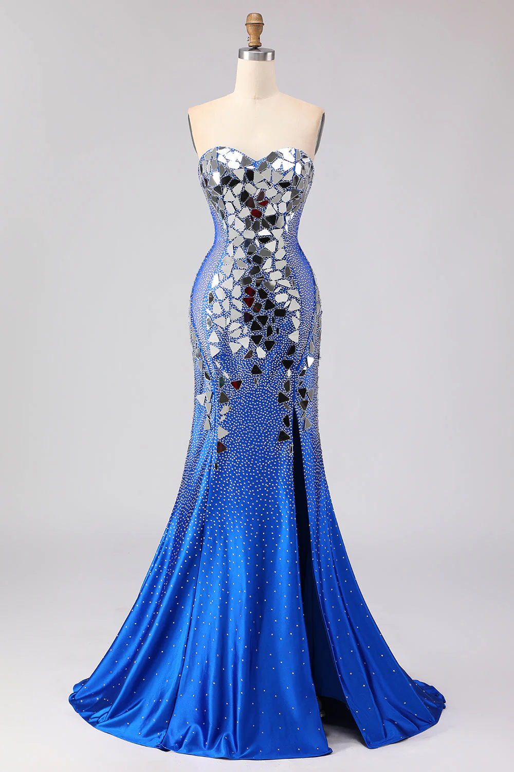 Red Strapless Mermaid Beaded Side Slit Long Prom Dress with Mirror - Image 7