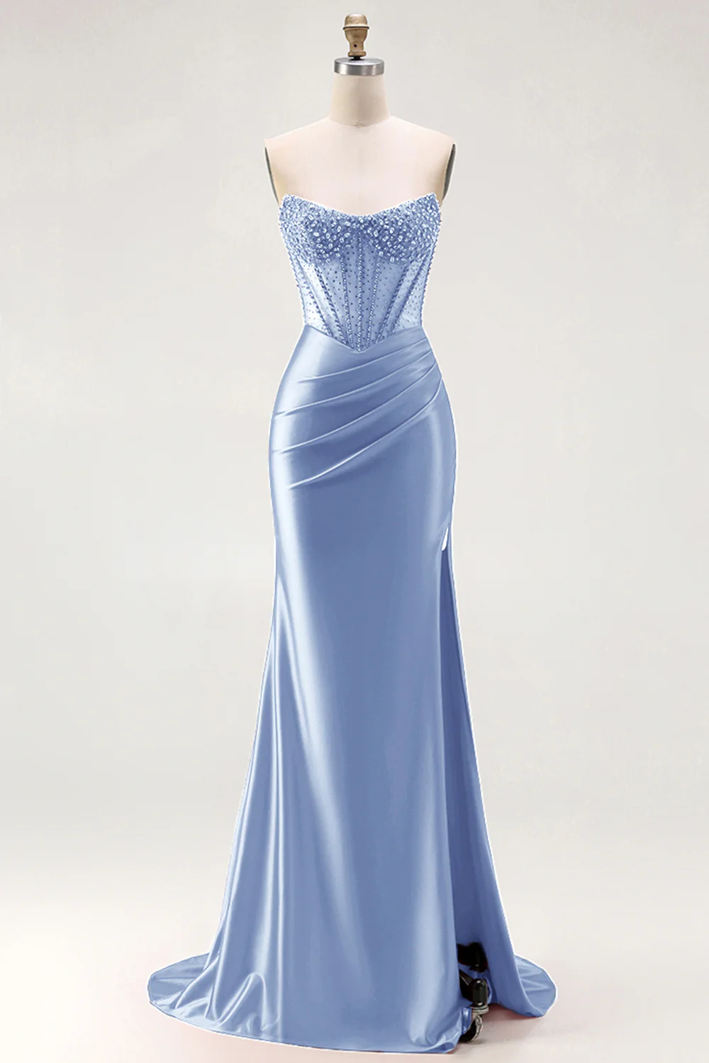 Red Strapless Mermaid Corset Beaded Ruched Satin Long Prom Dress with Slit - Image 10