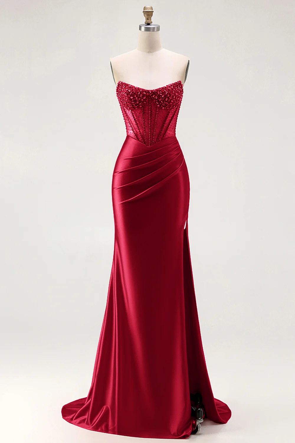 Red Strapless Mermaid Corset Beaded Ruched Satin Long Prom Dress with Slit - Image 12