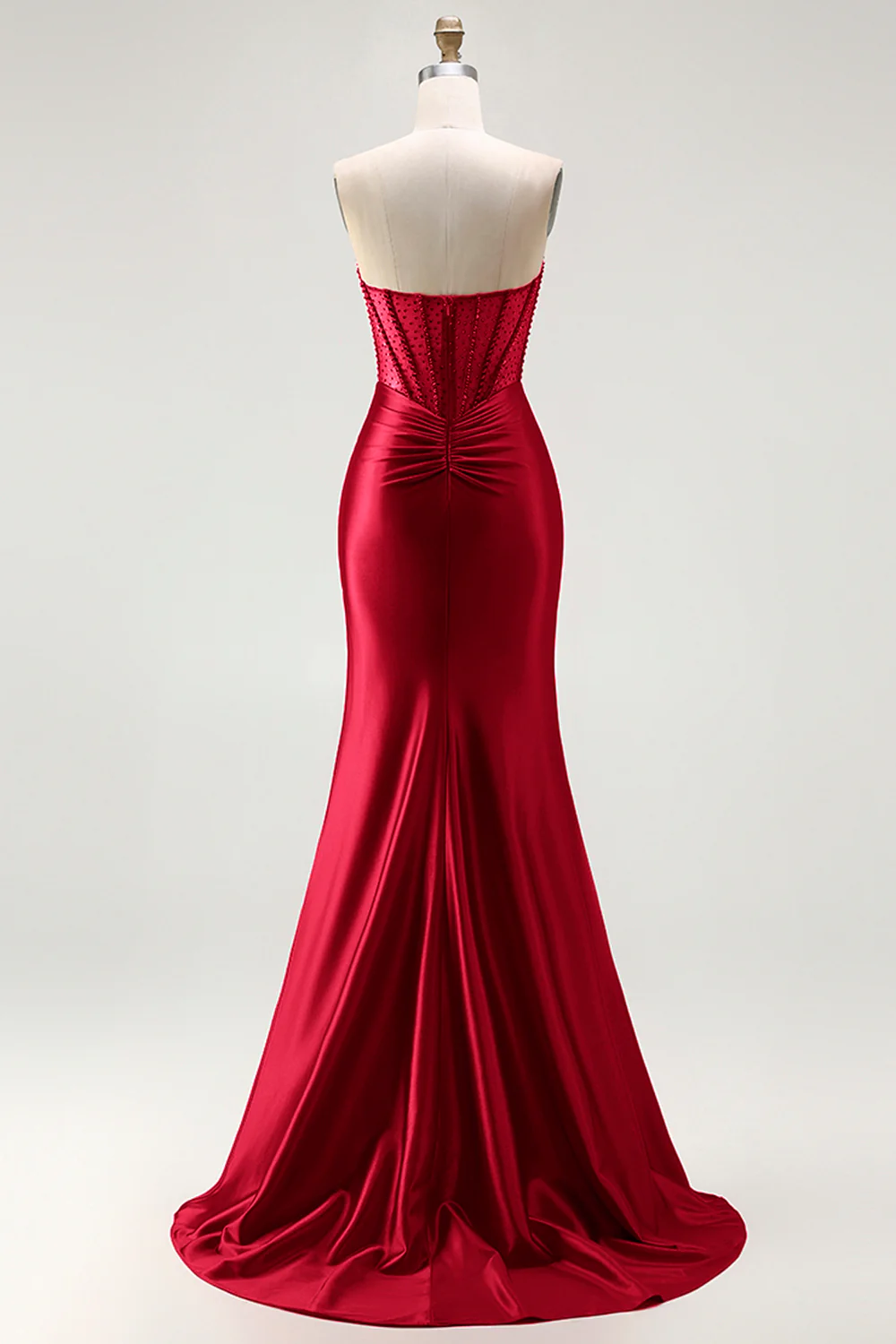 Red Strapless Mermaid Corset Beaded Ruched Satin Long Prom Dress with Slit - Image 13