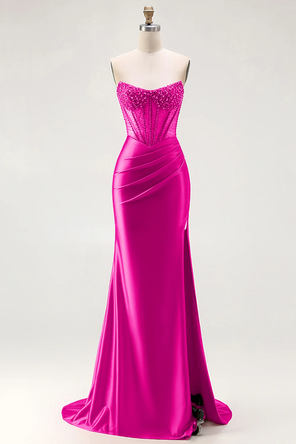 Red Strapless Mermaid Corset Beaded Ruched Satin Long Prom Dress with Slit - Image 14