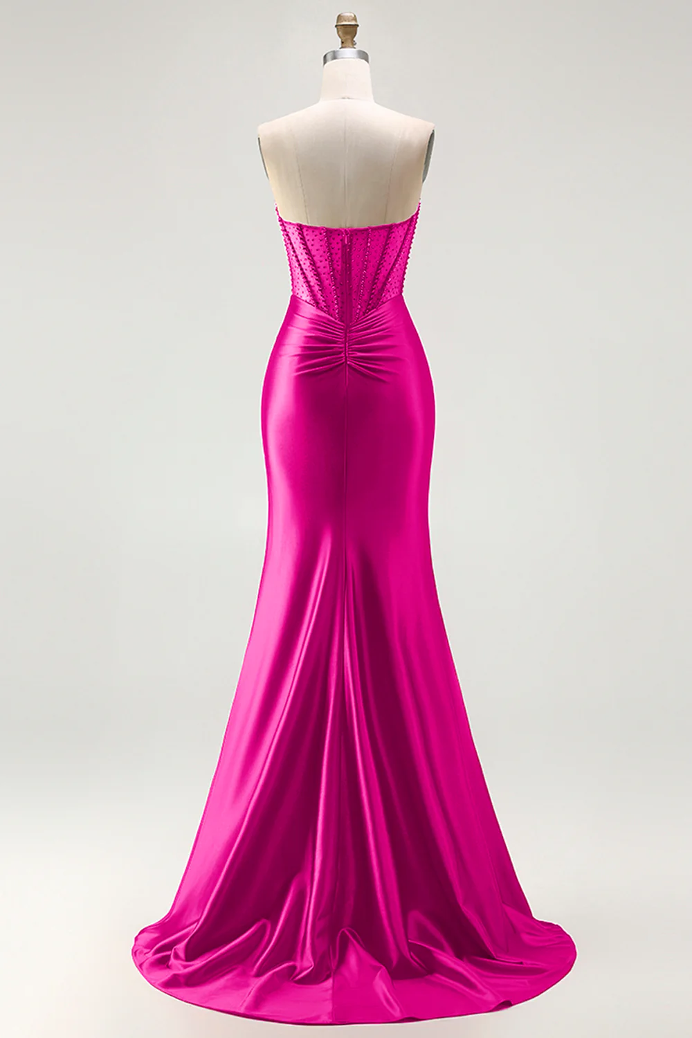 Red Strapless Mermaid Corset Beaded Ruched Satin Long Prom Dress with Slit - Image 15