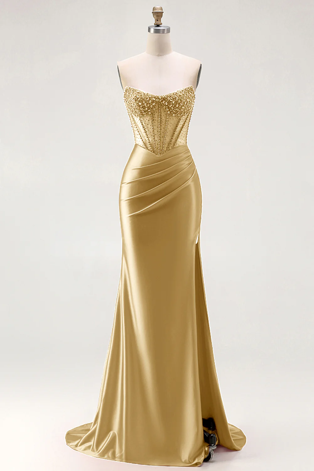 Red Strapless Mermaid Corset Beaded Ruched Satin Long Prom Dress with Slit - Image 16