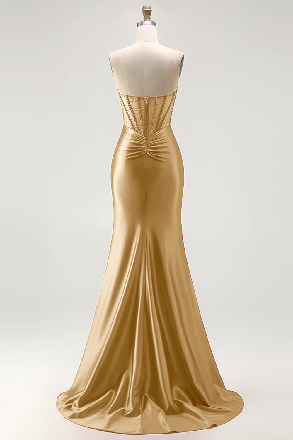 Red Strapless Mermaid Corset Beaded Ruched Satin Long Prom Dress with Slit - Image 17