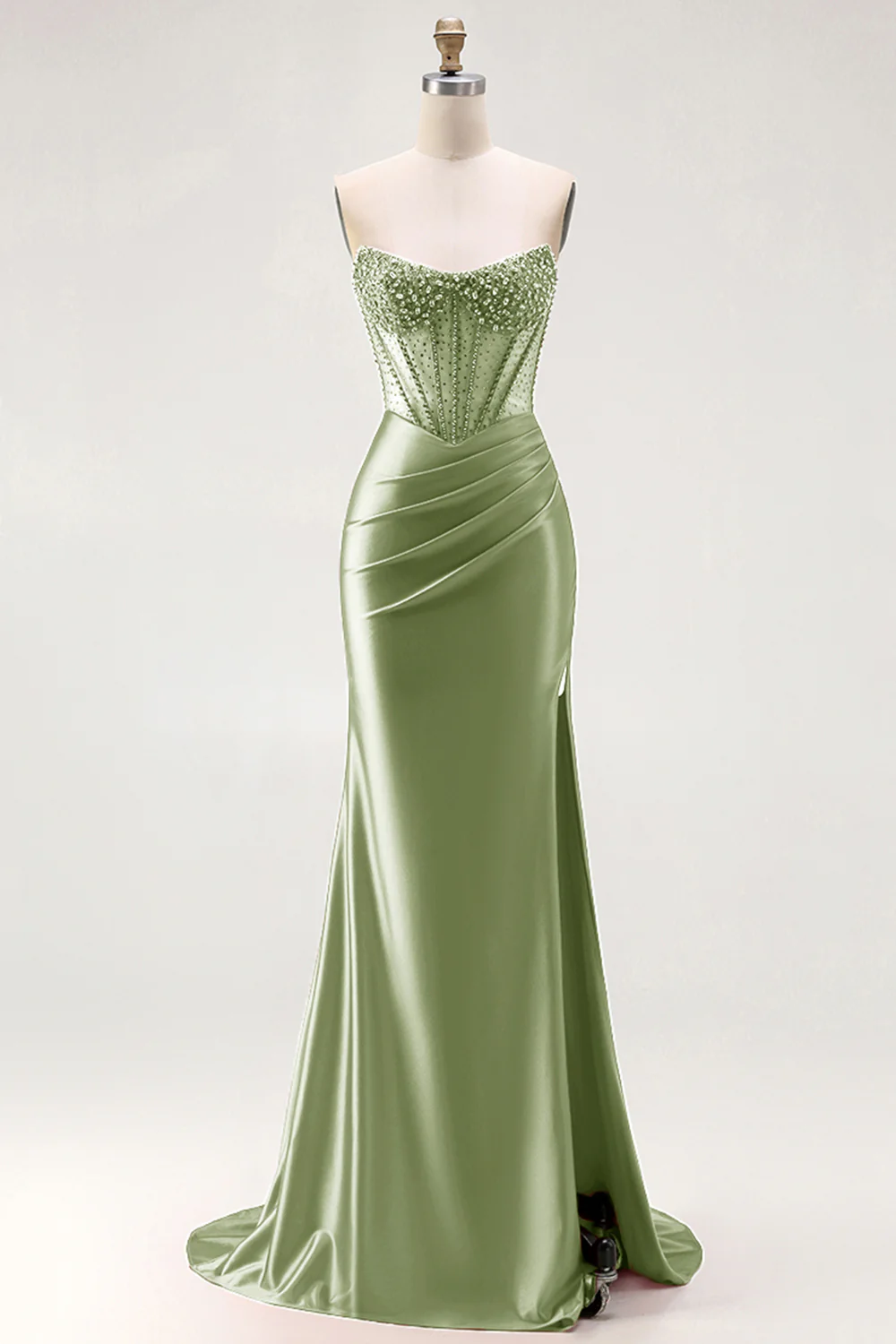 Red Strapless Mermaid Corset Beaded Ruched Satin Long Prom Dress with Slit - Image 18