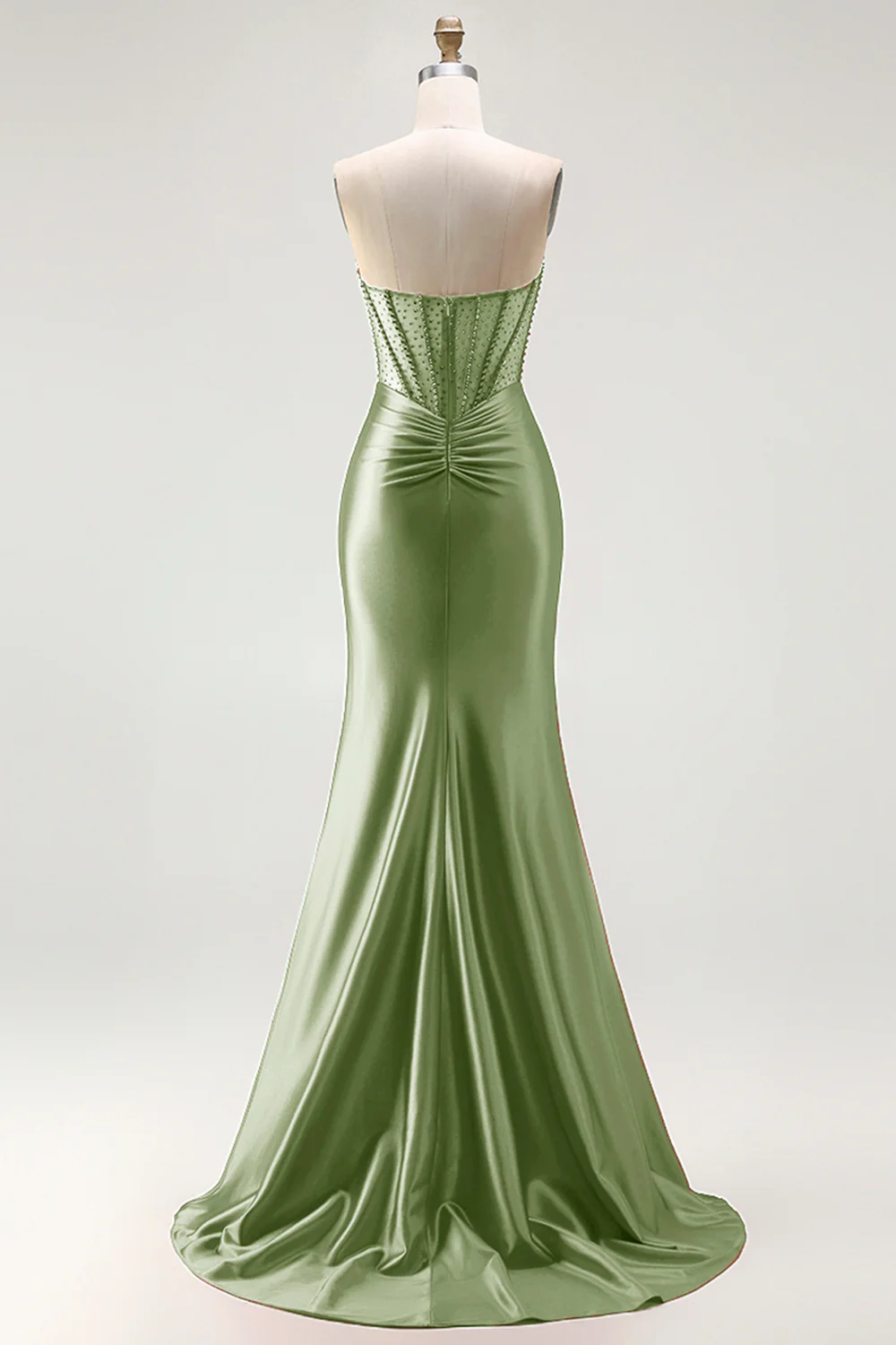 Red Strapless Mermaid Corset Beaded Ruched Satin Long Prom Dress with Slit - Image 19