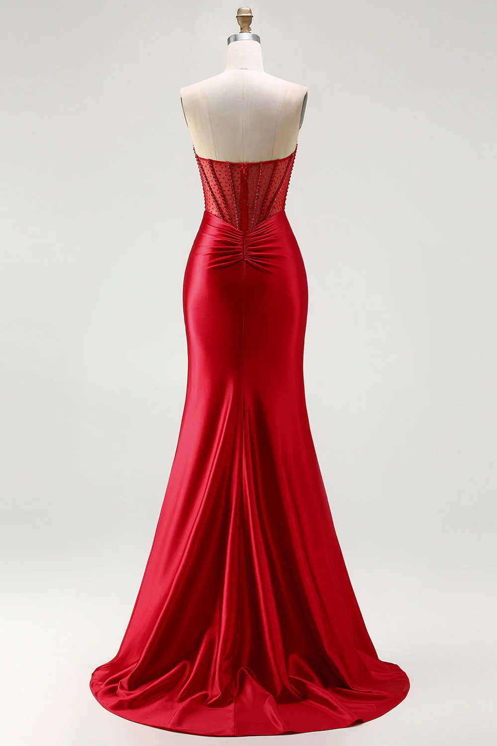 Red Strapless Mermaid Corset Beaded Ruched Satin Long Prom Dress with Slit - Image 2