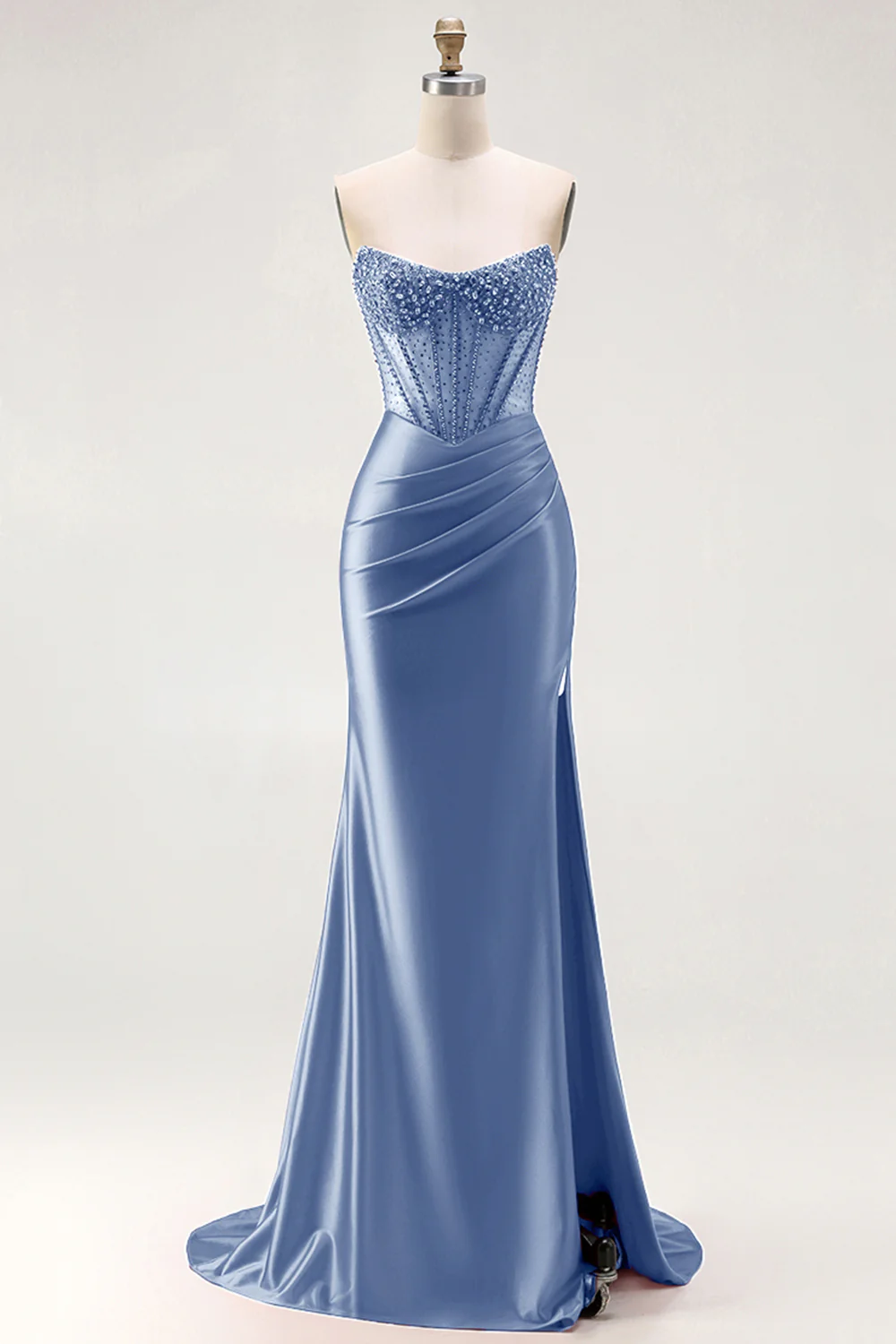 Red Strapless Mermaid Corset Beaded Ruched Satin Long Prom Dress with Slit - Image 20