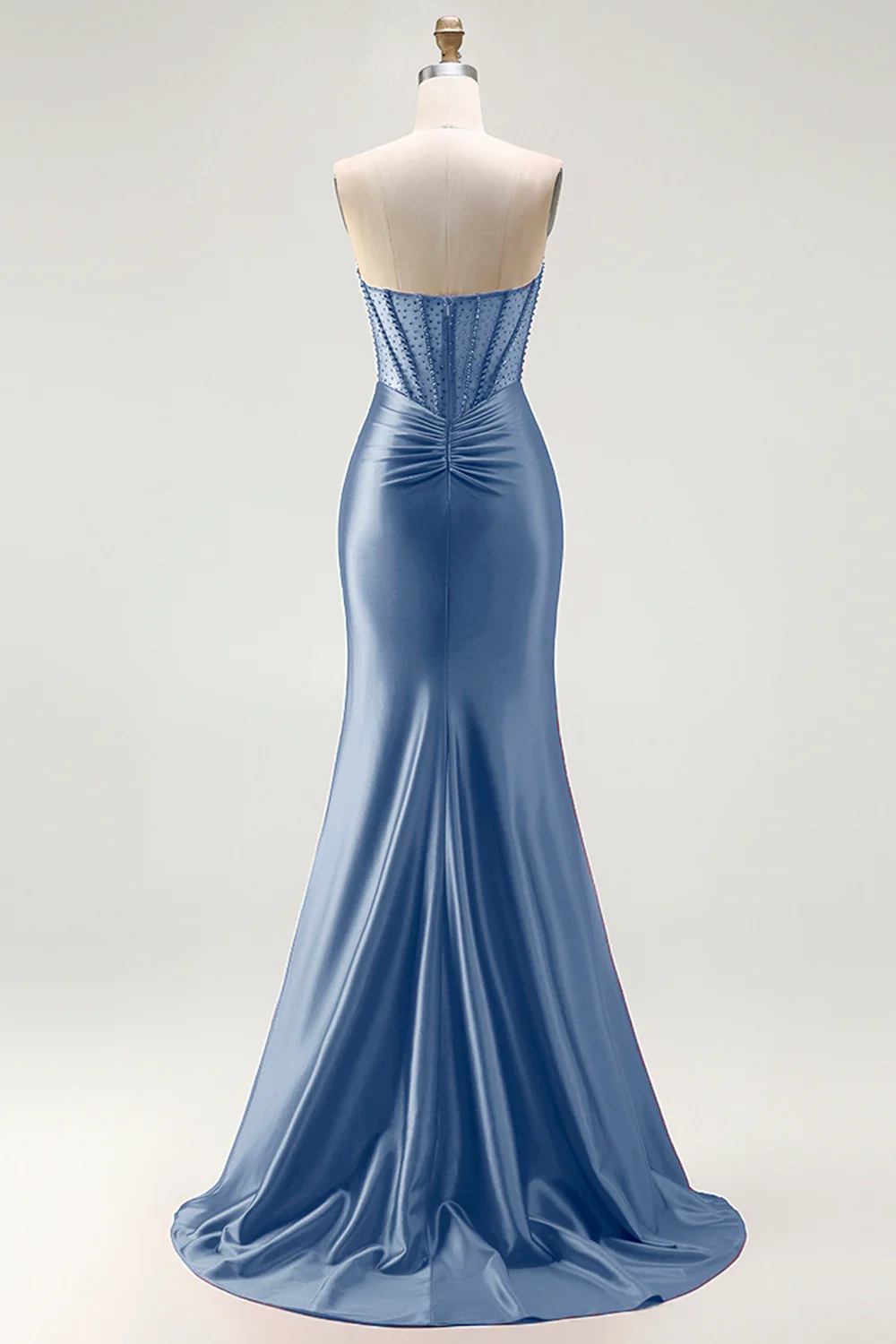 Red Strapless Mermaid Corset Beaded Ruched Satin Long Prom Dress with Slit - Image 21