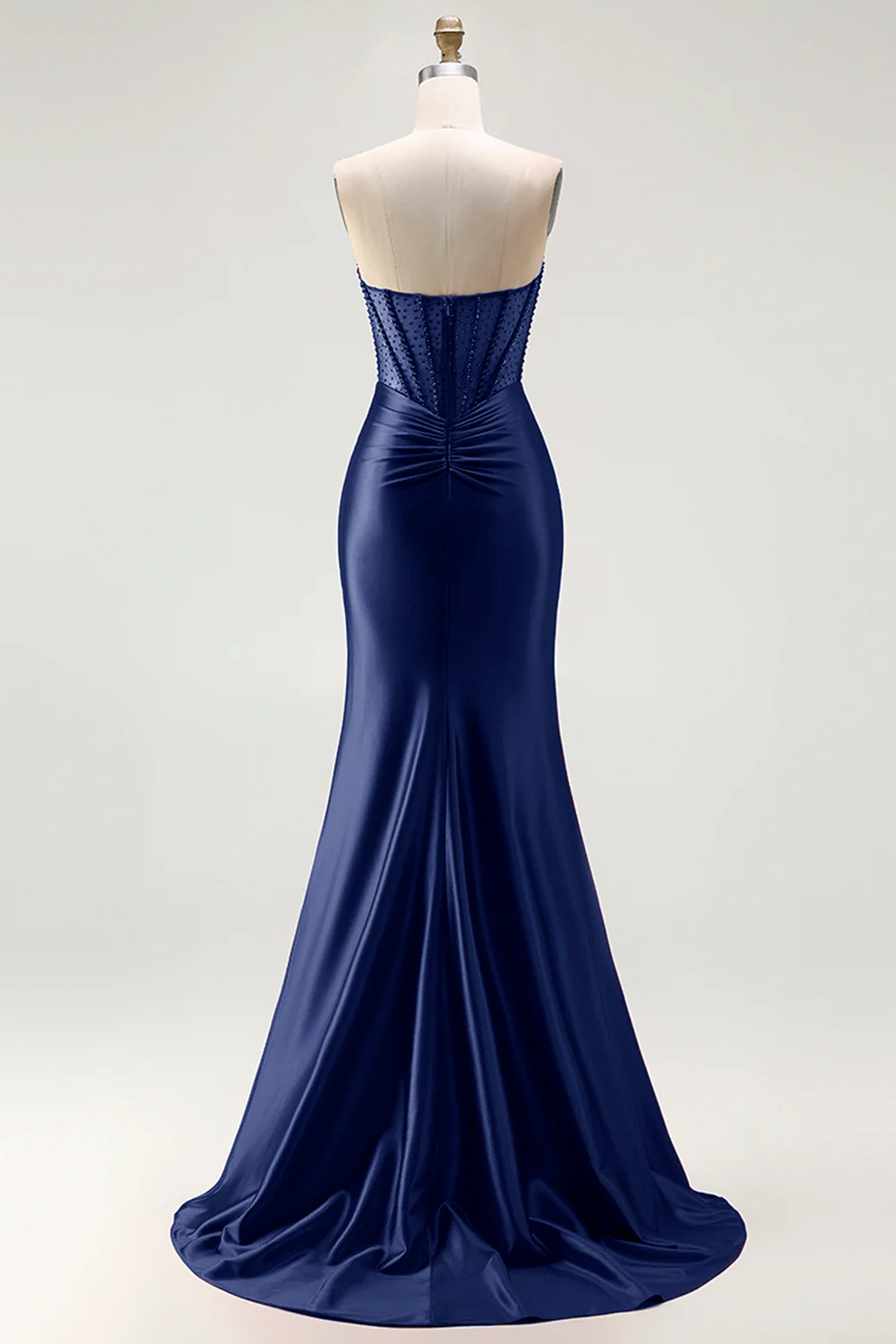 Red Strapless Mermaid Corset Beaded Ruched Satin Long Prom Dress with Slit - Image 23