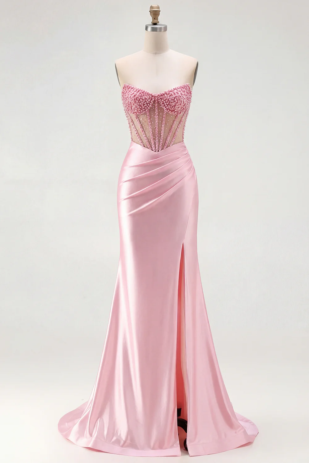 Red Strapless Mermaid Corset Beaded Ruched Satin Long Prom Dress with Slit - Image 24