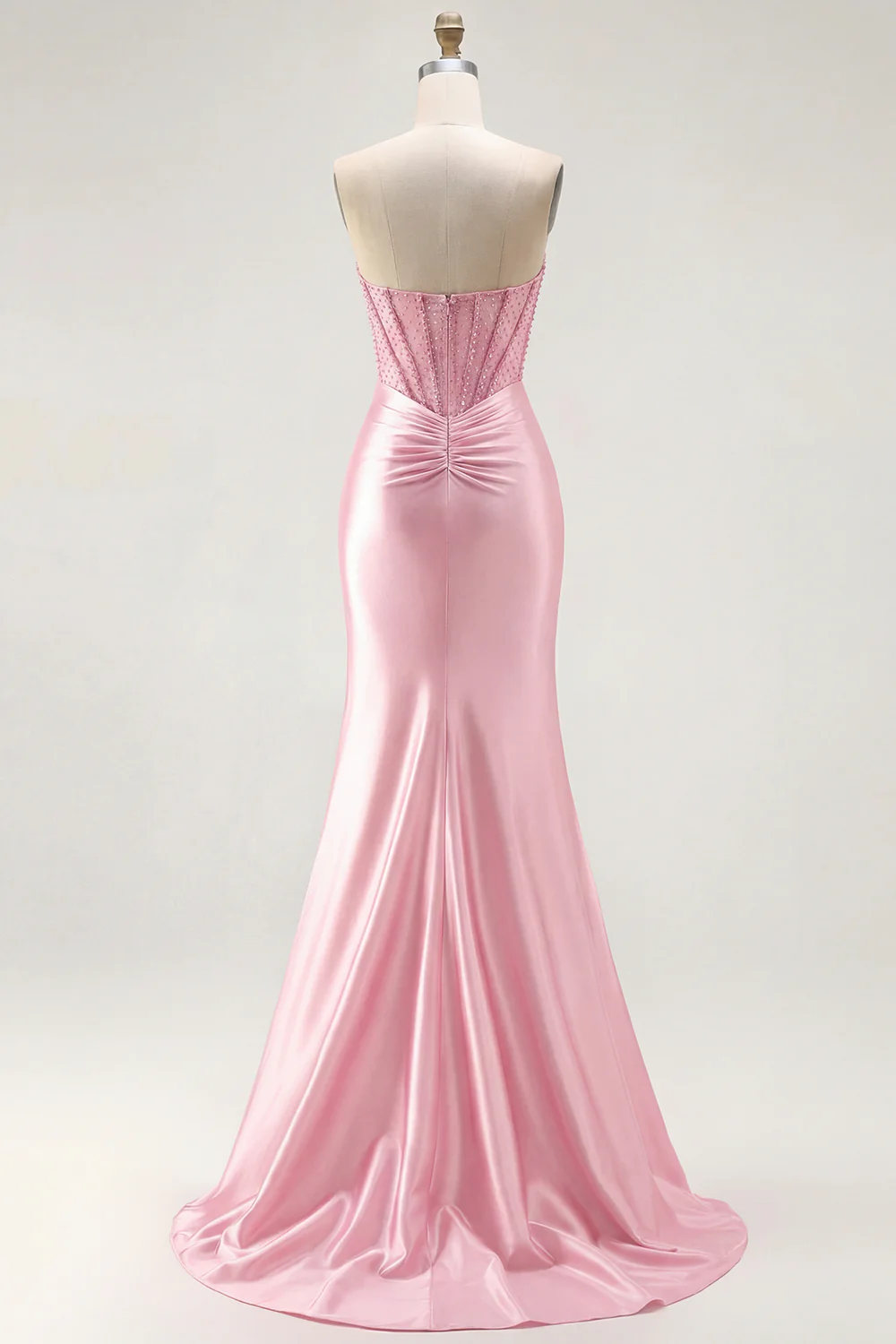 Red Strapless Mermaid Corset Beaded Ruched Satin Long Prom Dress with Slit - Image 25