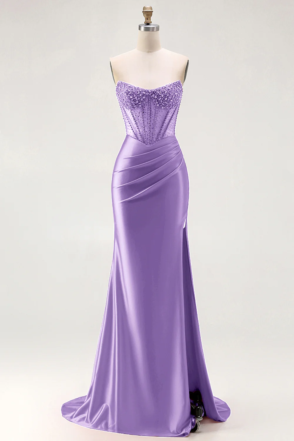 Red Strapless Mermaid Corset Beaded Ruched Satin Long Prom Dress with Slit - Image 26