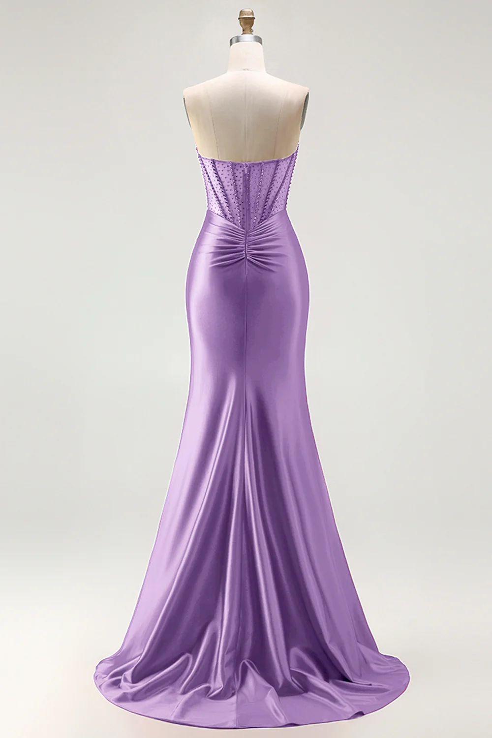 Red Strapless Mermaid Corset Beaded Ruched Satin Long Prom Dress with Slit - Image 27