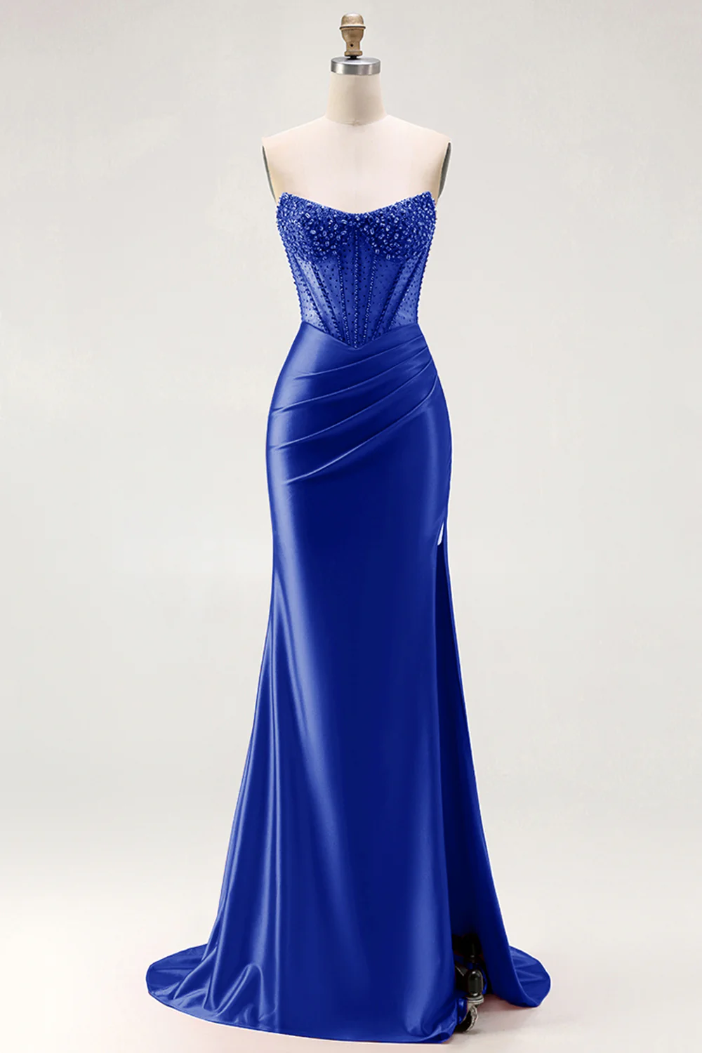 Red Strapless Mermaid Corset Beaded Ruched Satin Long Prom Dress with Slit - Image 28