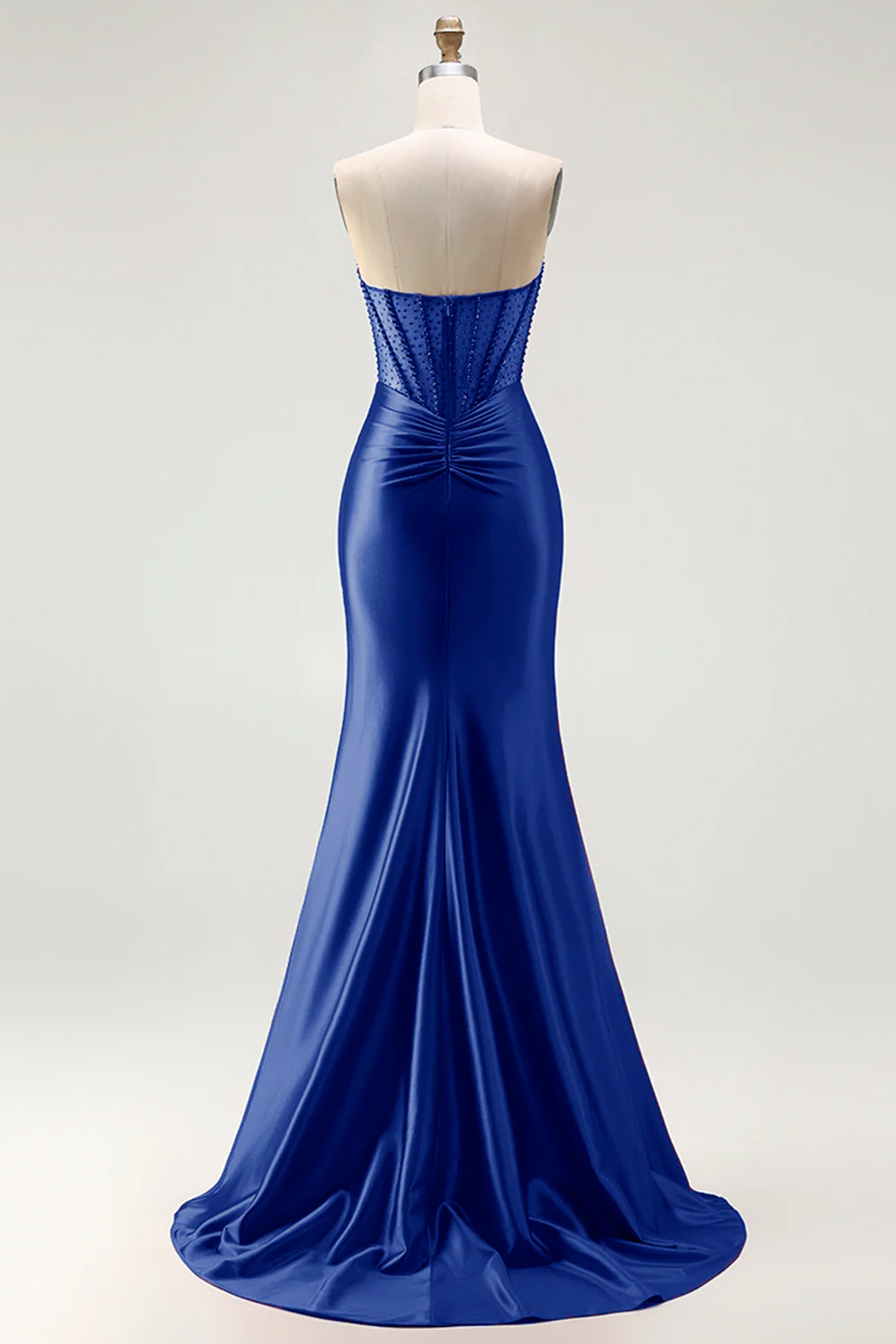Red Strapless Mermaid Corset Beaded Ruched Satin Long Prom Dress with Slit - Image 29