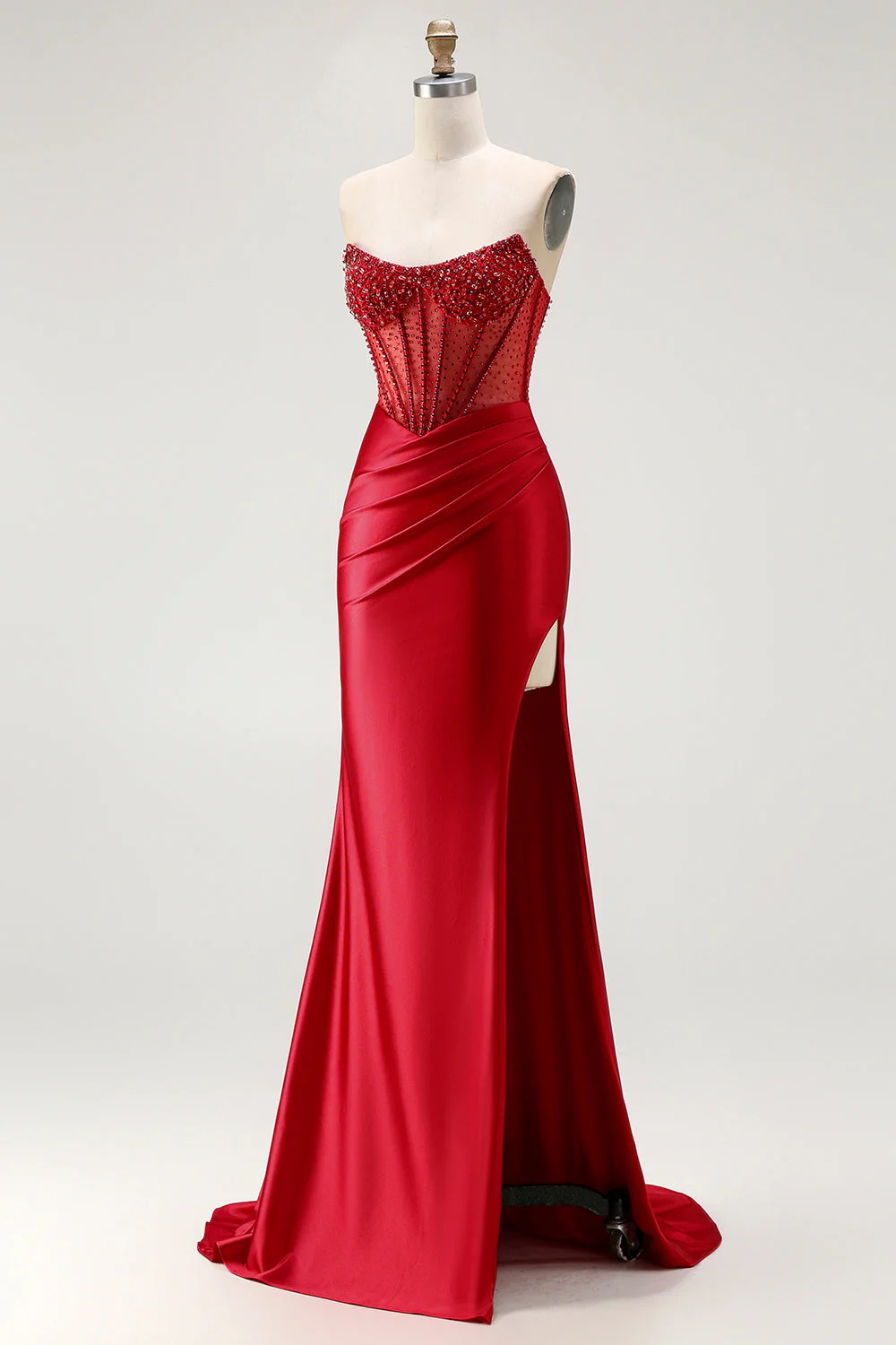 Red Strapless Mermaid Corset Beaded Ruched Satin Long Prom Dress with Slit - Image 3