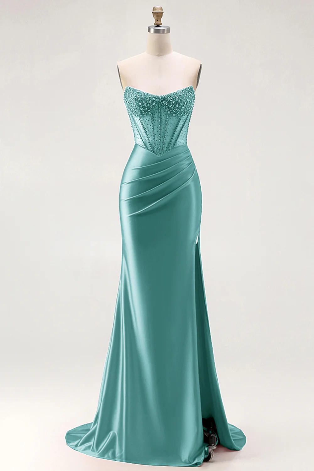 Red Strapless Mermaid Corset Beaded Ruched Satin Long Prom Dress with Slit - Image 30